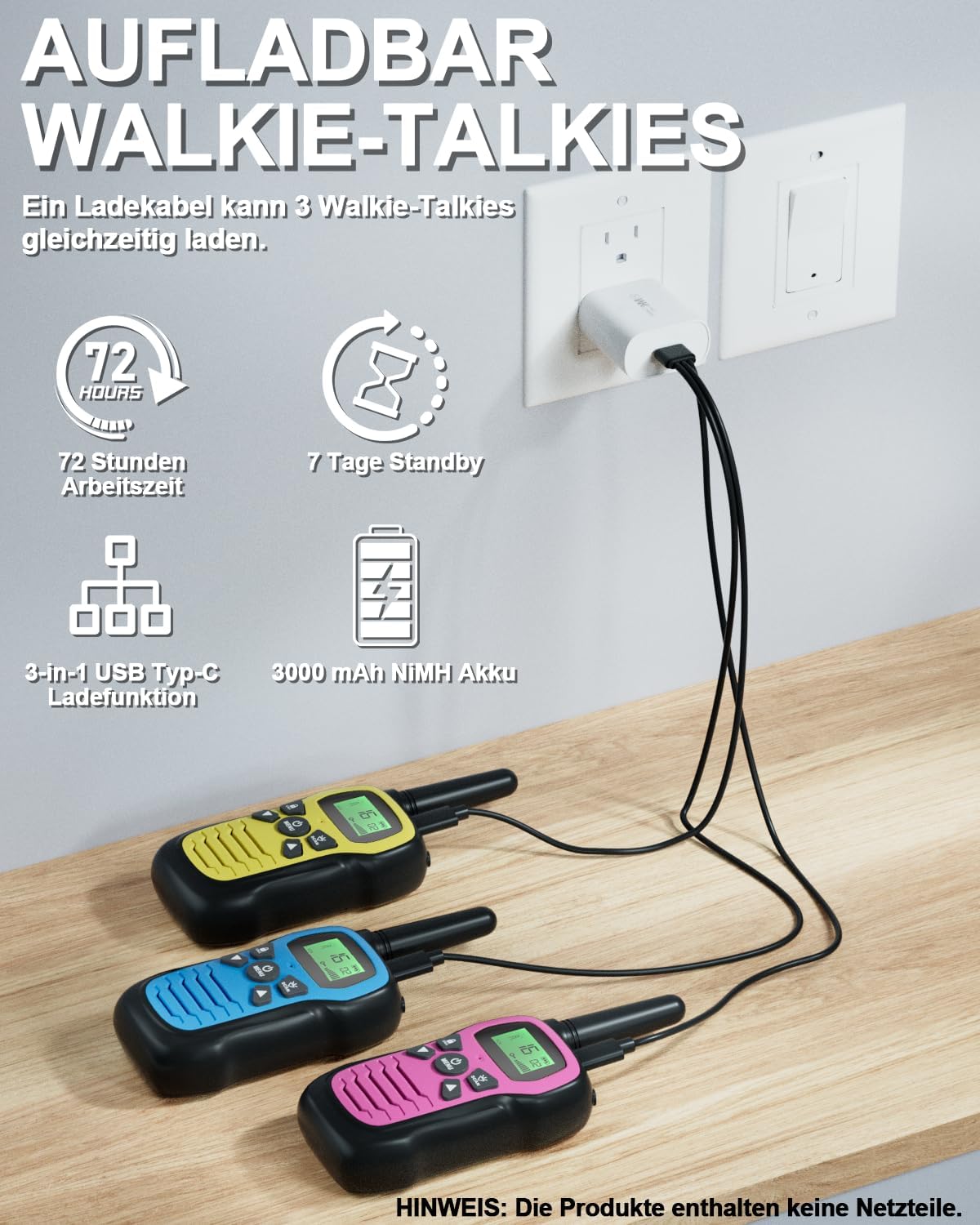 Walkie Talkie 3er-Set, wiederaufladbares Walkie-Talkie-Spielzeug für 3–12 Jahre Mädchen und Jungen, Woki Toki mit 16 Kanälen, 3 Meilen große Reichweite, klarerer Klang für Wandern, Camping, Abenteuer – Bild 3