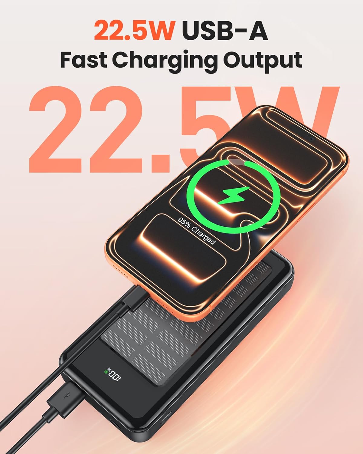 27000-mAh-Solar-Powerbank, Powerbank mit 2 Kabeln, 22,5-W-Schnelllade-Powerbank, tragbares Ladegerät, geeignet für Smartphones – Bild 2