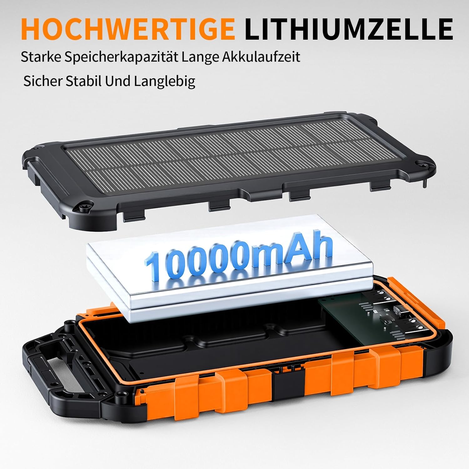 Solar Power Bank 10000 mAh PD 15 W Tragbares Solarladegerät USB C Outdoor Wasserdichter externer Akku mit LED-Licht und 3 Ausgängen für Tablets Smartphones Outdoor Camping Orange – Bild 6