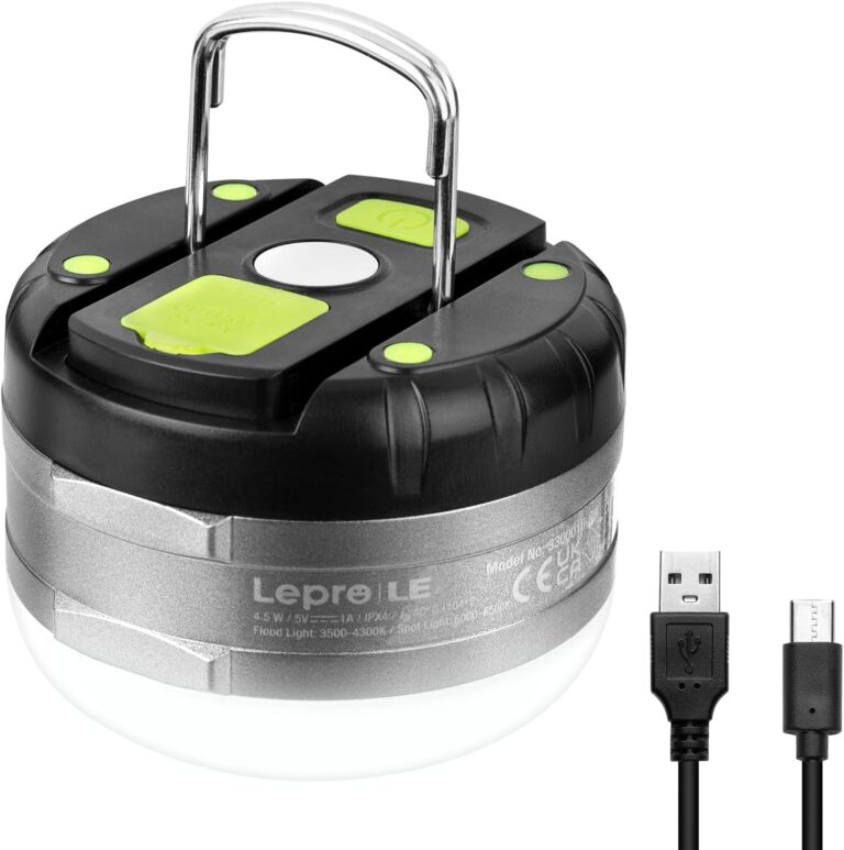 LE LED-Campinglampe, wiederaufladbarer Suchscheinwerfer, tragbar und handlich, mit Haken, 3 Helligkeiten, dimmbares Notlicht für Stromausfälle, Wandern, Camping, Notfall usw.