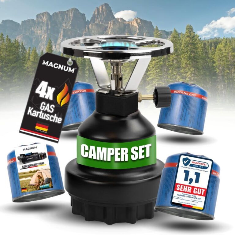 Magnum Campingkocher mit 4 Gaskartuschen (Testurteil: Sehr gut) Gaskocher Schwarz – Camping Gaskocher stufenlos verstellbar – Gaskocher Camping (4 Kartuschen)