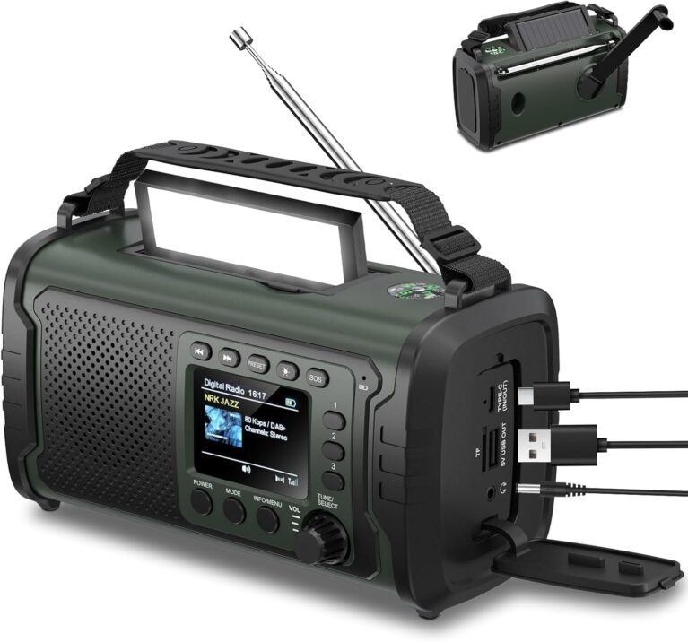 27000 mAh DAB/DAB+ Notfallradio mit Kurbel, Solar- und USB-Aufladung, Bluetooth 5.3, Powerbank-Funktion, SOS-Signal, helle Taschenlampe, Leselampe, Kompass, TF-Karte und robustes Outdoor-Design, Armeegrün