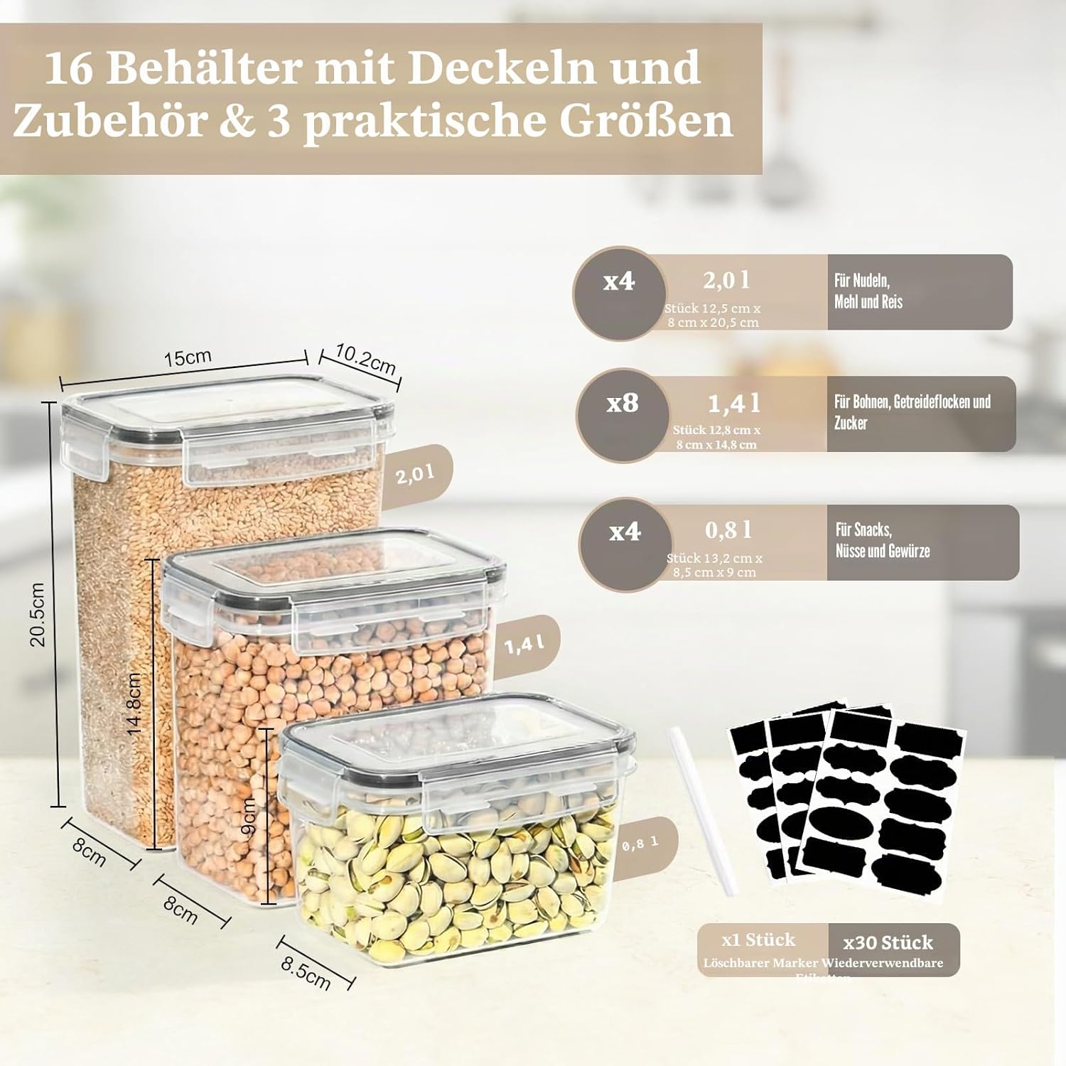 GoMaihe Set mit 16 Vorratsgläsern, Küchen-Organizer, Vorratsgläser mit Deckel, luftdichter Kunststoff, Aufbewahrungsbehälter für Müsli, Mehl, Cornflakes, alle trockenen Lebensmittel – Bild 3
