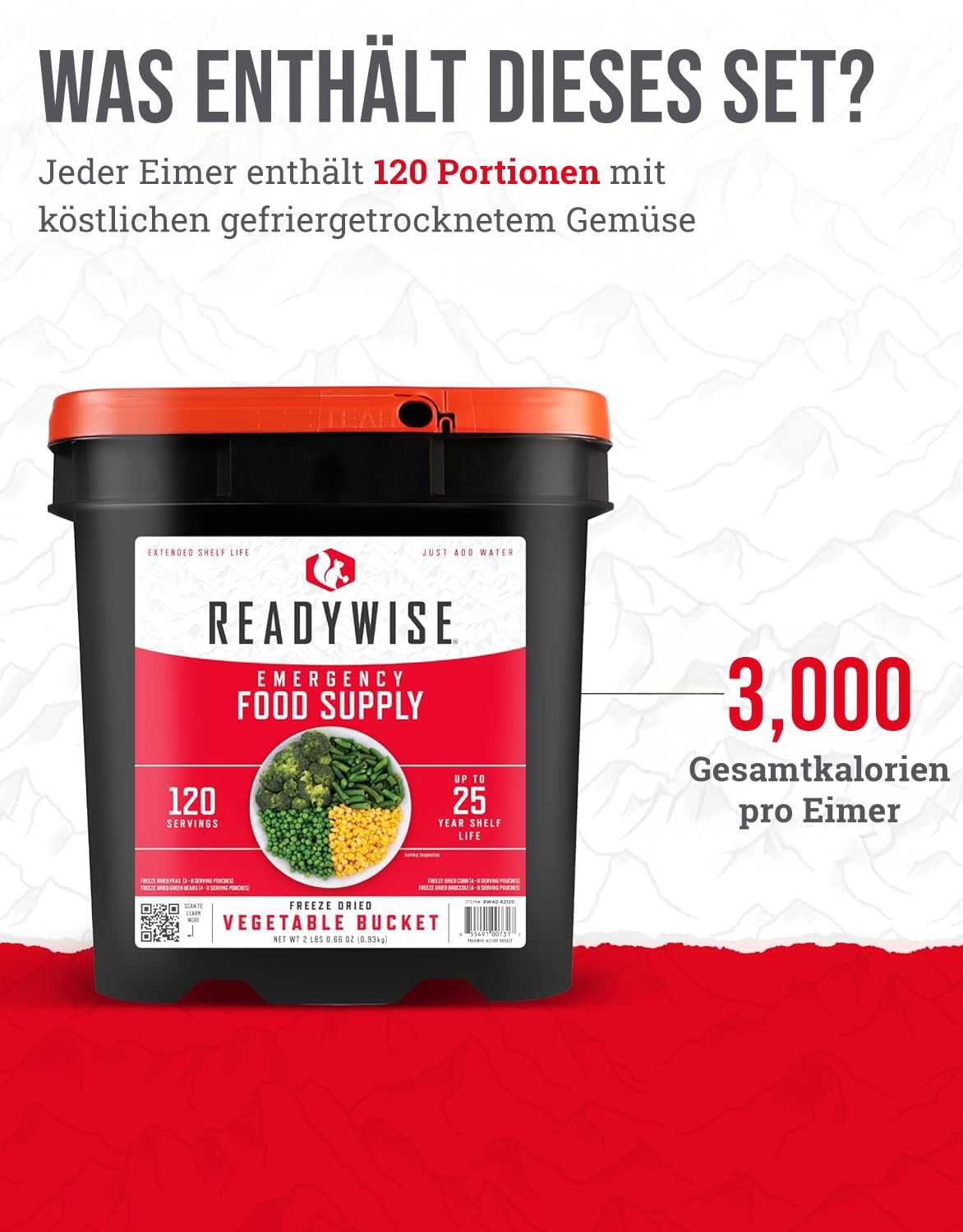 ReadyWise, 120 Portionen, Gemüseeimer, Brokkoli, Zuckermais, grüne Bohnen, Erbsen, gefriergetrocknet, bis zu 25 Jahre haltbar, Notfallnahrung – Bild 4