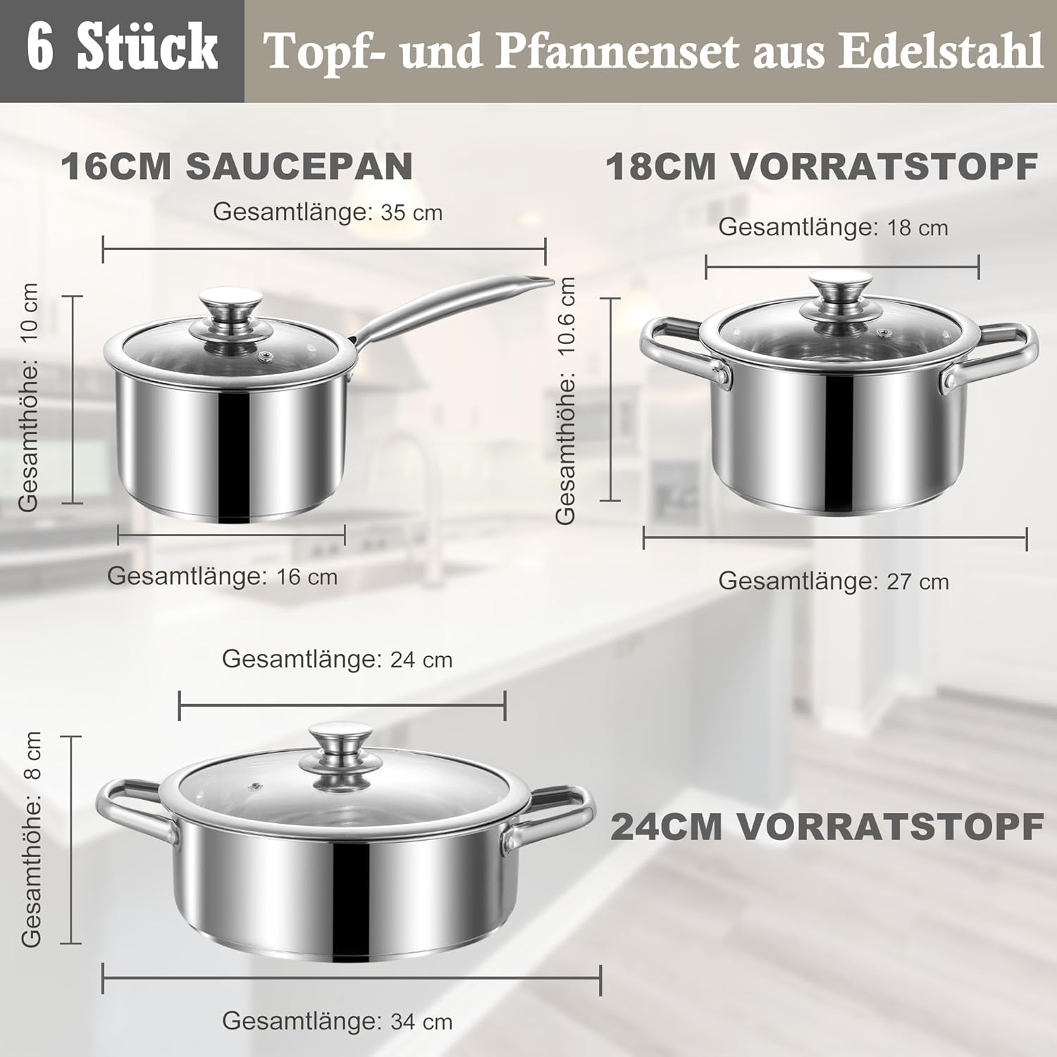 6-teiliges Kochtopf- und Pfannenset aus Edelstahl, antihaftbeschichtetes Kochgeschirrset, geeignet für Induktions-, Elektro- und Gasherde, antihaftbeschichtet, ofen- und spülmaschinenfest – Bild 2