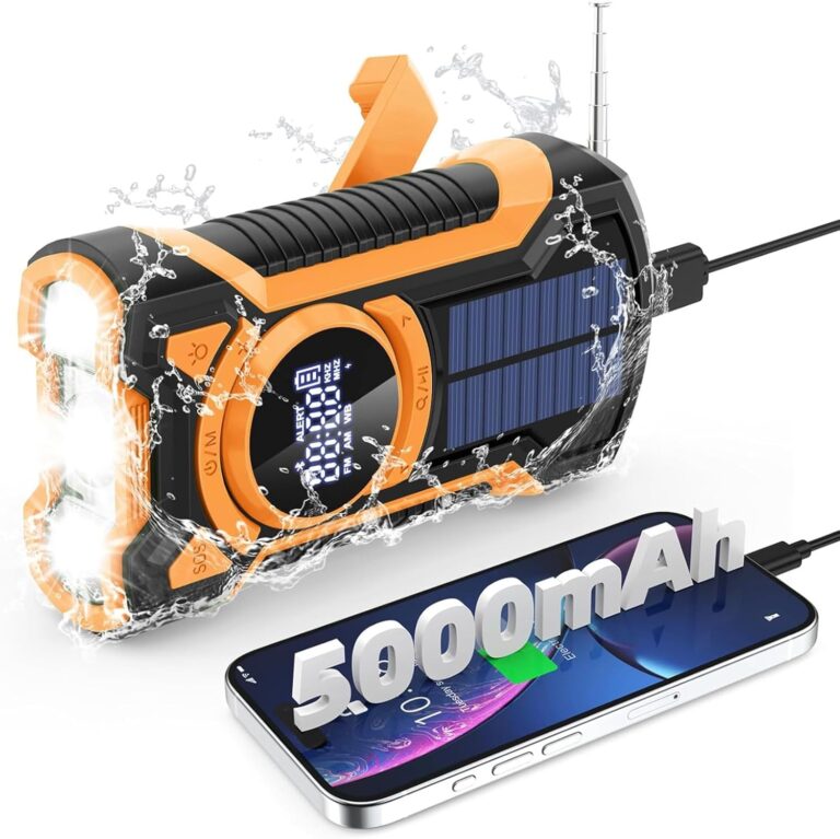 Notfallradio mit Handkurbel, 5000 mAh Akku-Kurbelradio mit Bluetooth-Lautsprecher, Solar-Ladegerät, Powerbank, USB AM/FM-Radio mit SOS-Alarm, Taschenlampe IPX5 Indoor Outdoor Camping Notfallradios