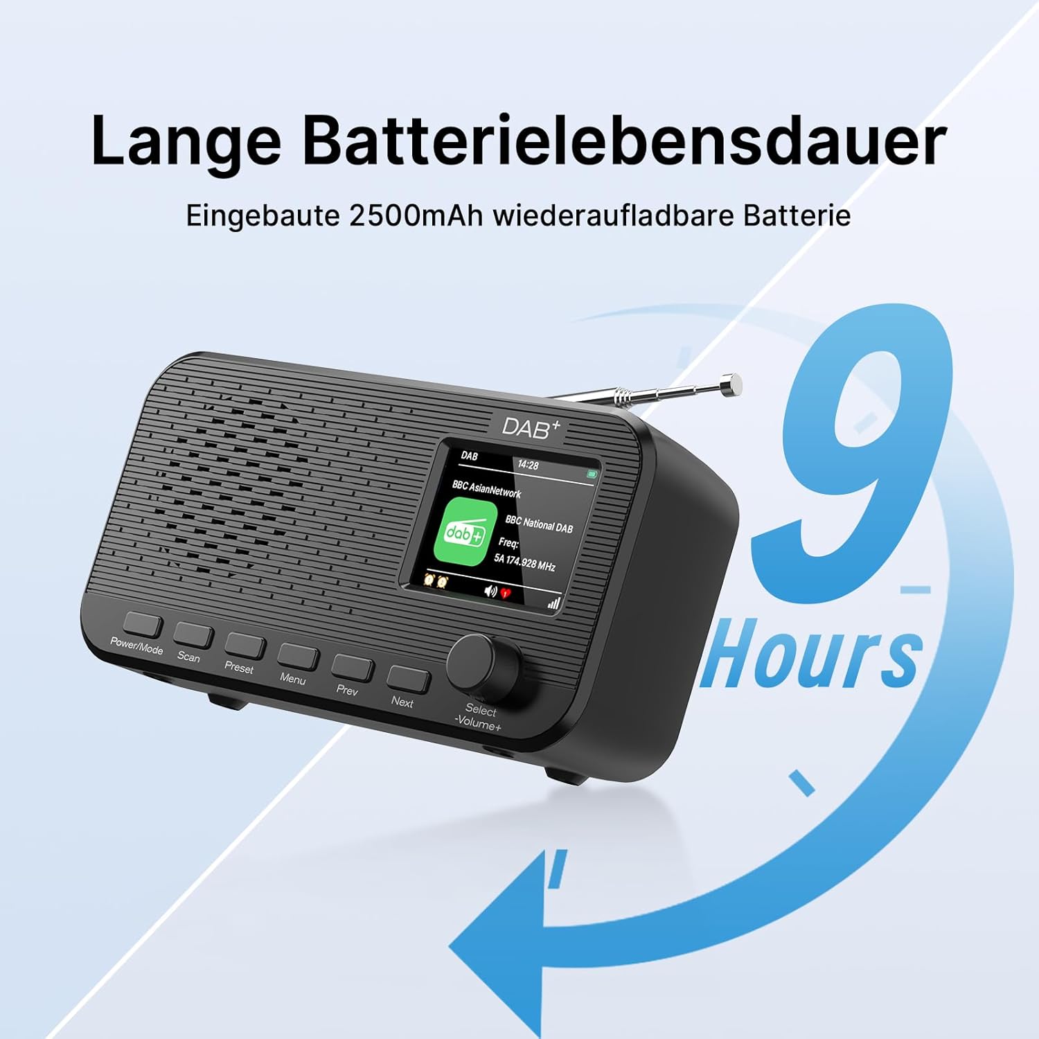 DAB-Radio mit Bluetooth, wiederaufladbares UKW-Digitalradio, Radios batteriebetrieben, tragbares DAB+-Radio, Küchenradio mit 80 Voreinstellungen, 2,4-Zoll-Farbdisplay, Dual-Wecker, Sleep-Timer – Bild 3