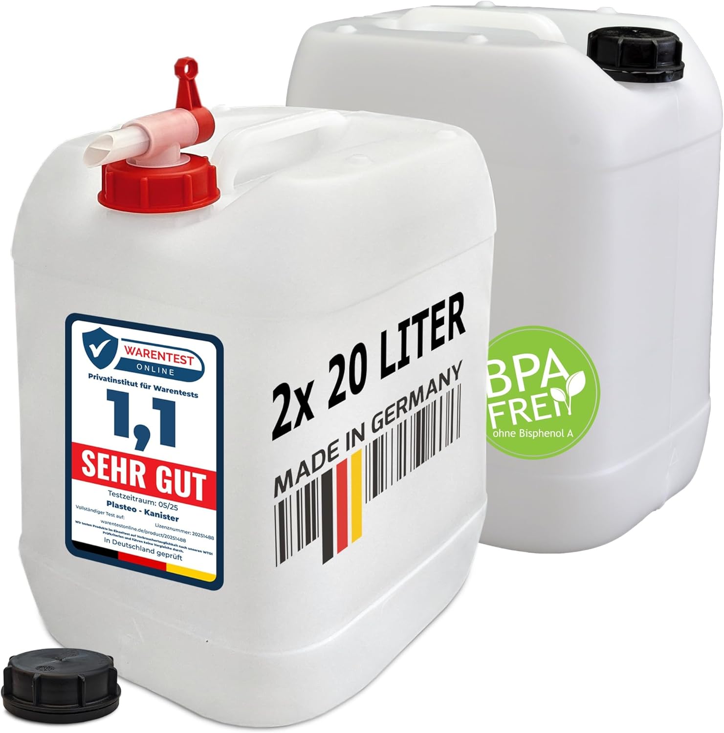 plasteo 2 x 20 L Wasserkanister, Trinkwasserkanister mit Zapfhahn und Schraubdeckel, BPA-frei, lebensmittelecht, Camping, Outdoor, Auto, Made in Germany