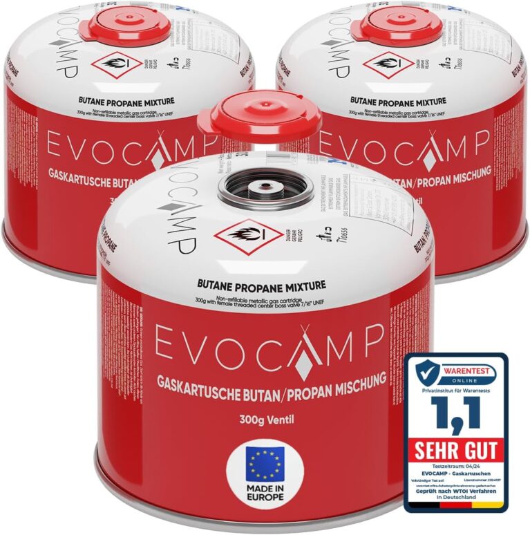 EVOCAMP 3 x Propan-Butan-Gaskartuschen 300 g, Schraubventil Eurogewinde 7/16 Zoll, Ventilkartuschen 539 ml mit automatischem Sicherheitsverschluss, Gaskartuschen verwendbar für Weber Grills Q100/1200 Serie