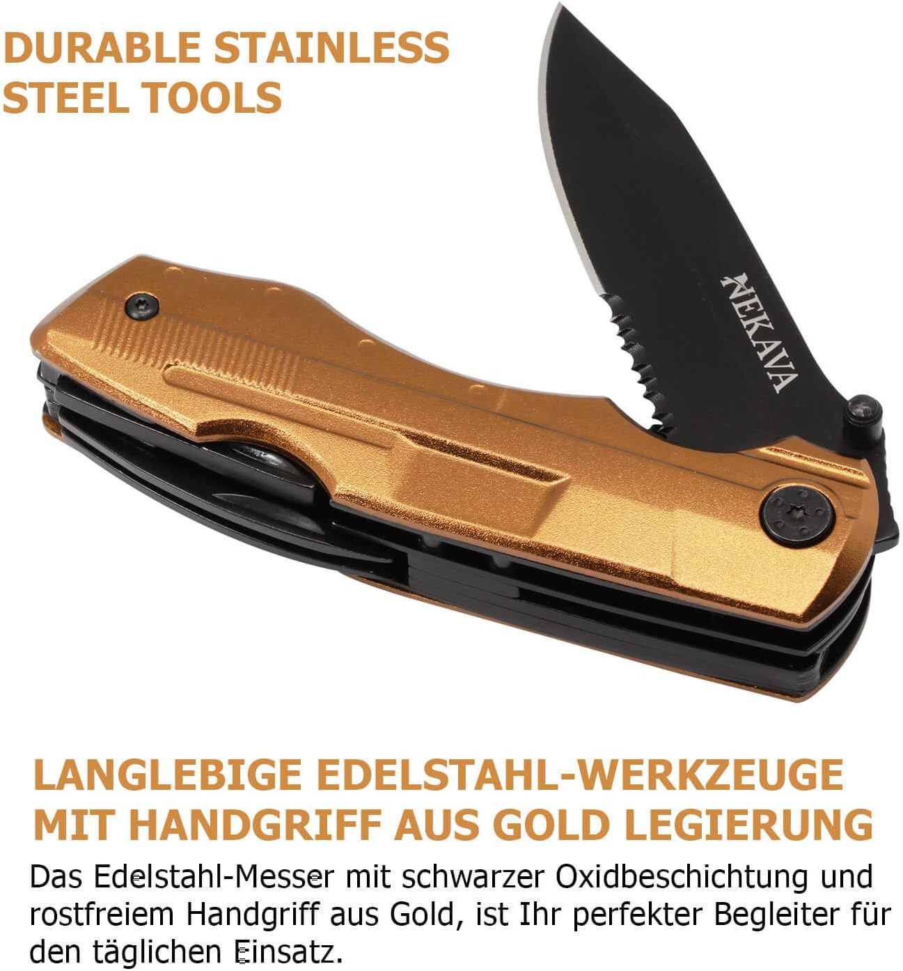 NEKAVA 5-in-1-Multifunktionswerkzeug mit Klappmesser aus schwarzem Edelstahl und goldenem Griff. Ideal als Survivalmesser für Outdoor, Camping, Haushalt. Inklusive kostenlosem Kreditkarten-Tool – Bild 6