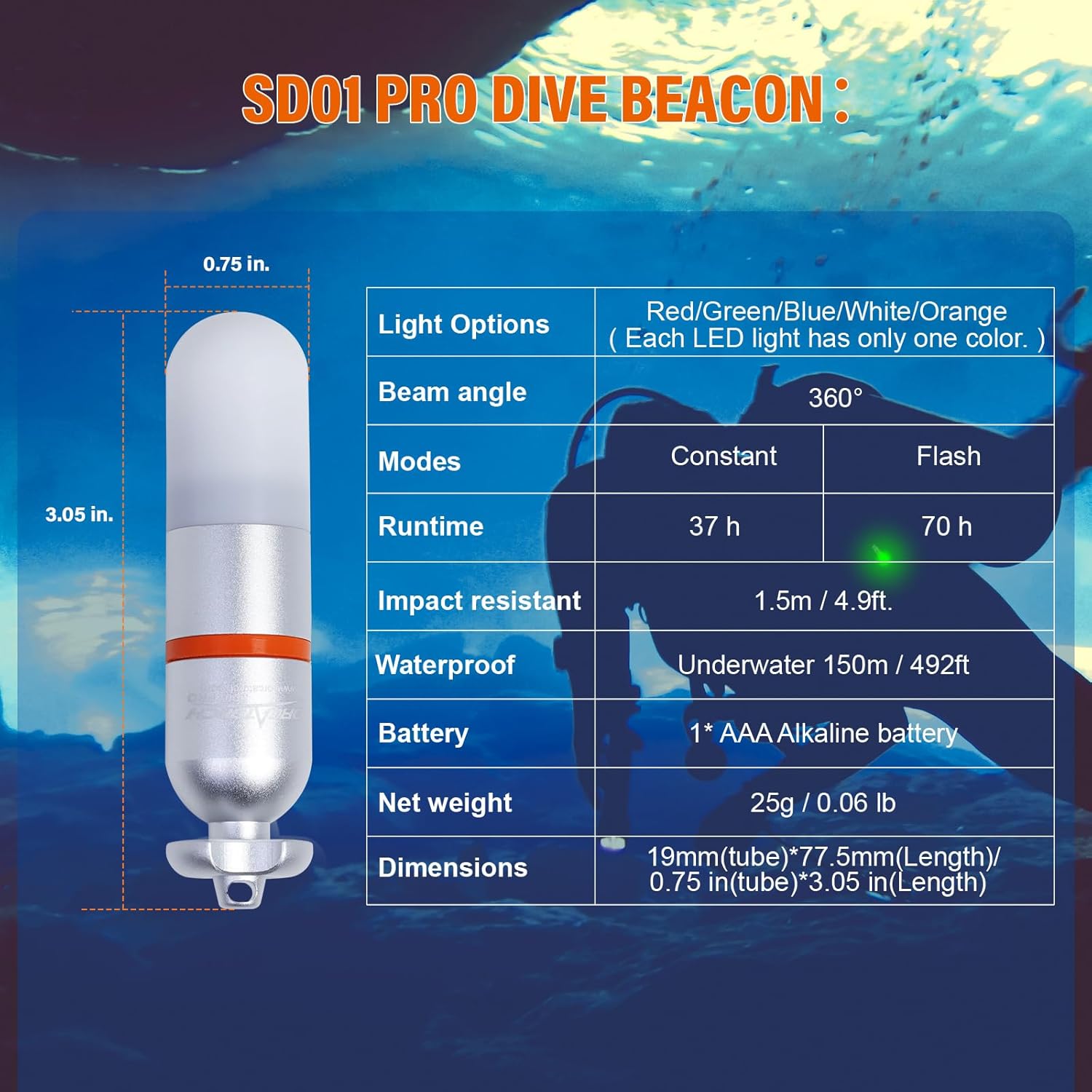 ORCATORCH SD01 Pro Mini Stroboskop-Signalleuchte, Tauchbake, Tauchen, Nachttauchen, LED-Markierung, Sicherheitslampe, Firefly-Tauchlampe mit AAA-Batterie für 150 m Unterwassertauchen (5 Farben Option), Grün – Bild 7