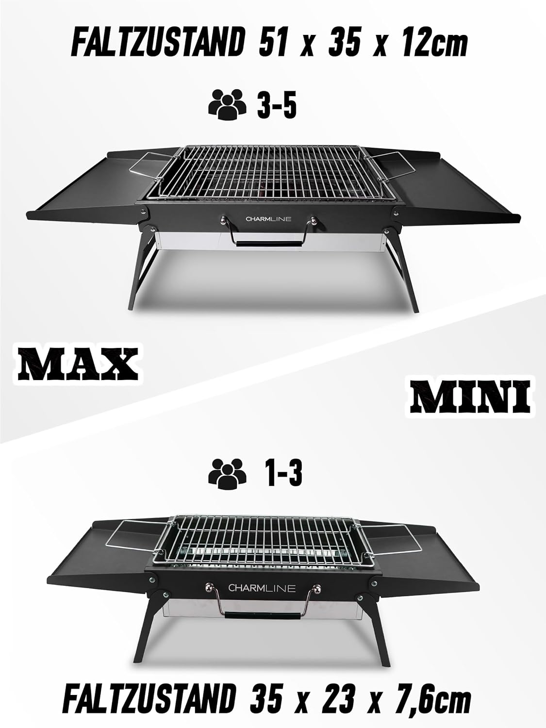Charmline 34 x 23 cm faltbarer tragbarer Holzkohlegrill, kleiner Camping-Grill, Holzkohle, Picknick-Grill, BBQ-Grill für den Außenbereich, geeignet für Gärten, Strände, Rasenflächen und Tischplatten, schwarz – Bild 9