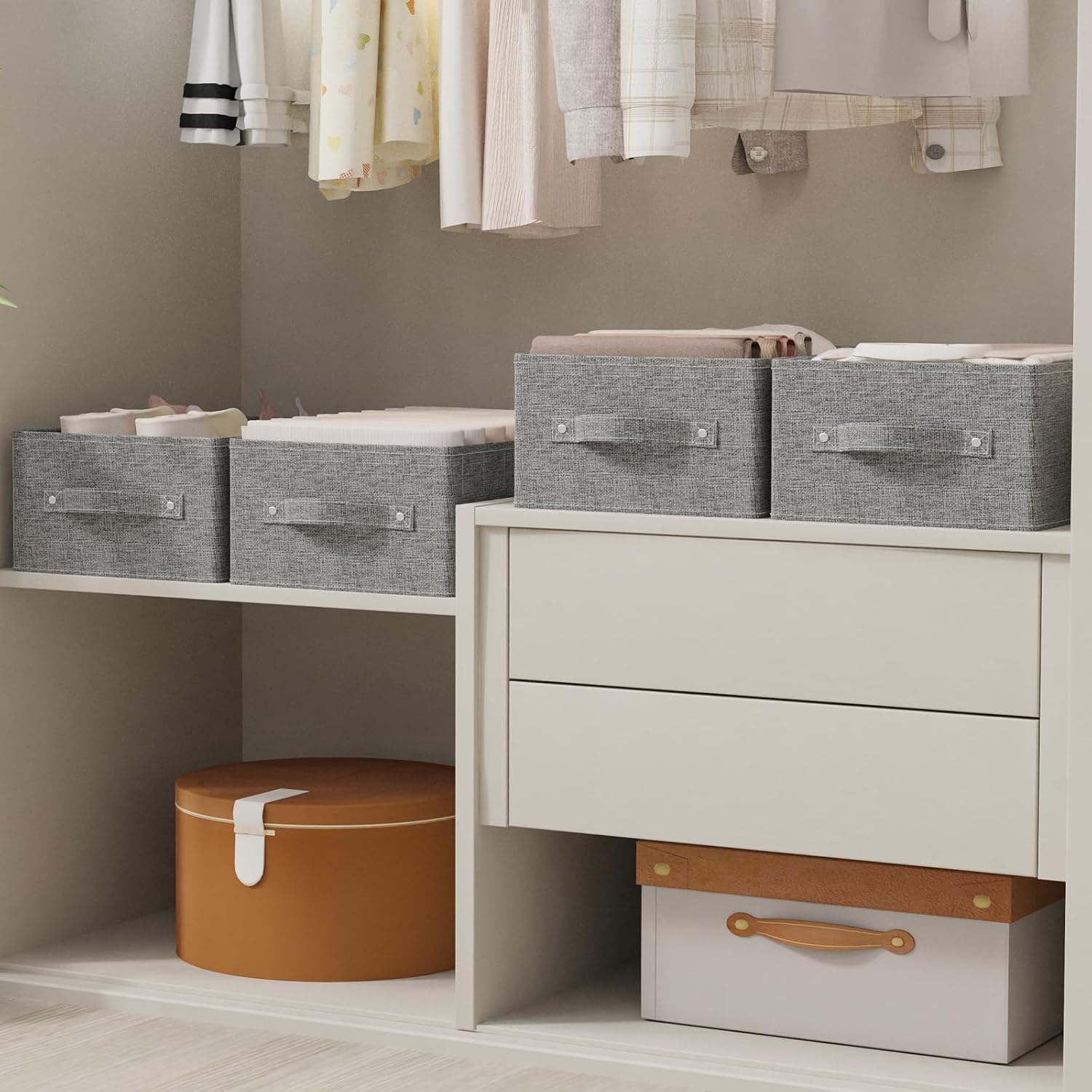 2 Stück Aufbewahrungskörbe für Regale, faltbare Stoff-Aufbewahrungsbox aus Leinen, Schubladen-Organizer-Box mit Griffen für Schrank, offene Stoffbehälter, 33 x 23 x 14 cm, grau – Bild 3
