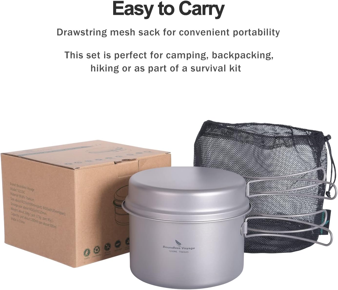 iBasingo Ti2110C Titan-Topf-Pfannen-Set, 1200 ml & 500 ml, Camping-Kochgeschirr, Outdoor-Schüssel-Set, leichtes Koch-Messset mit Klappgriff, Küchenutensilien, Campingausrüstung für 1 Person, 2 Teile/Set – Bild 9