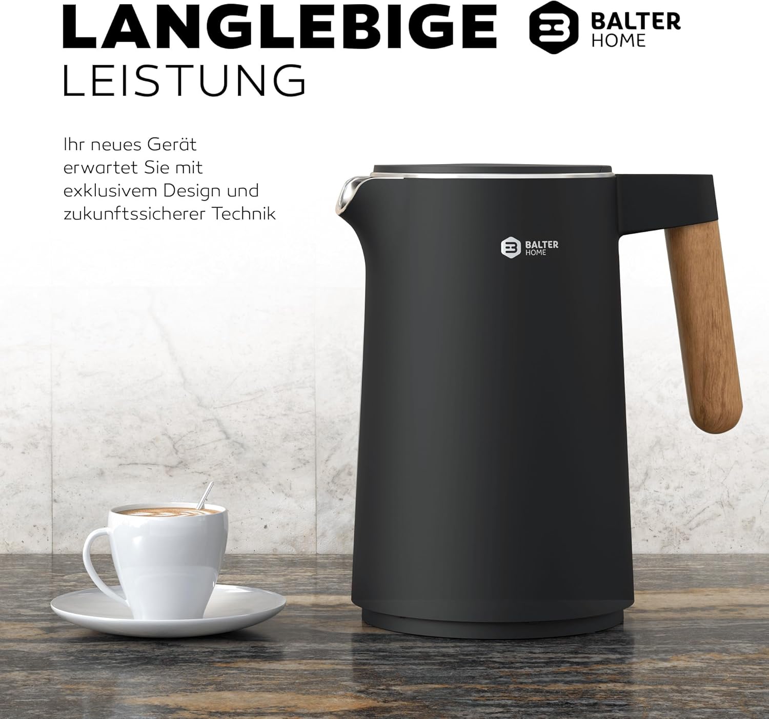 BALTER Edelstahl-Wasserkocher mit Temperatureinstellung, 45 °C – 100 °C, doppelwandig, BPA-frei, leise & kabellos, Warmhaltefunktion, Teebereiter mit Temperaturanzeige, 1,5 l, 2200 W, schwarz – Bild 8