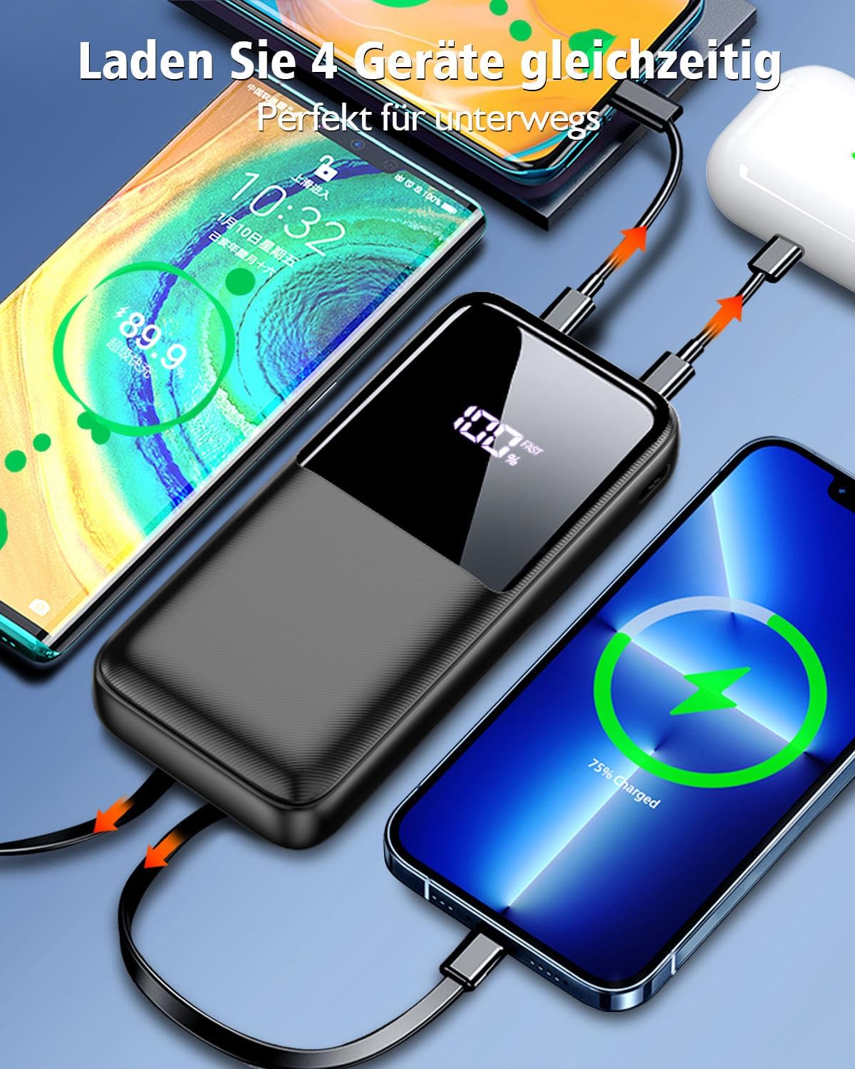 Powerbank 26800 mAh, tragbares Ladegerät mit 3 Anschlüssen und 2 integrierten Kabeln, USB C Schnelllade-Powerbank, externer Akku kompatibel mit iPhone 17 16 15 14 13 Android, Mattschwarz – Bild 4