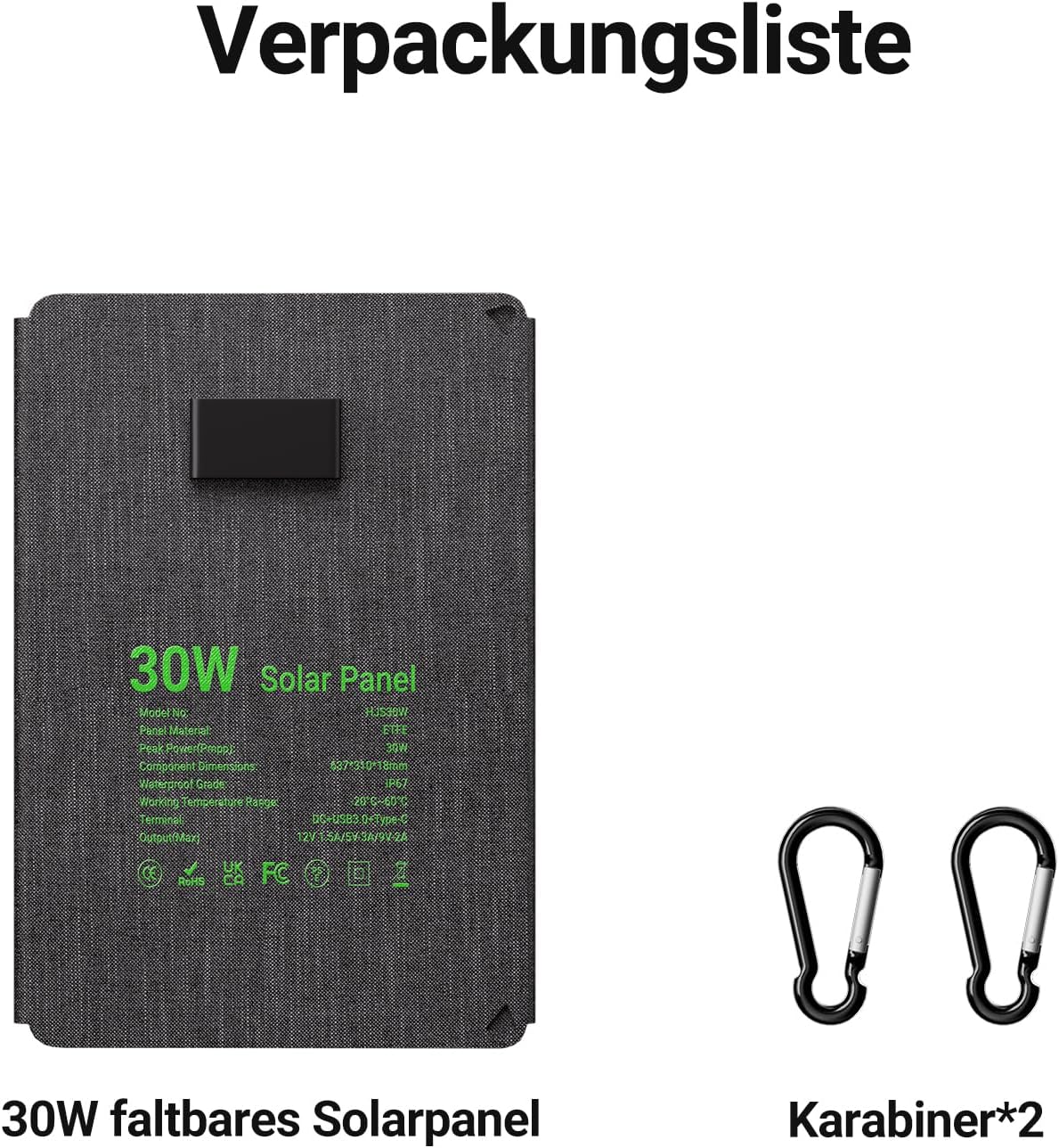 30W Solarpanel Faltbar, Tragbares Outdoor Solar Ladegerät IP67 Wasserdicht mit 3 Anschlüssen (USB-C+USB-A+DC) für Outdoor Camping, Smartphone, Mobile Powerbank – Bild 6