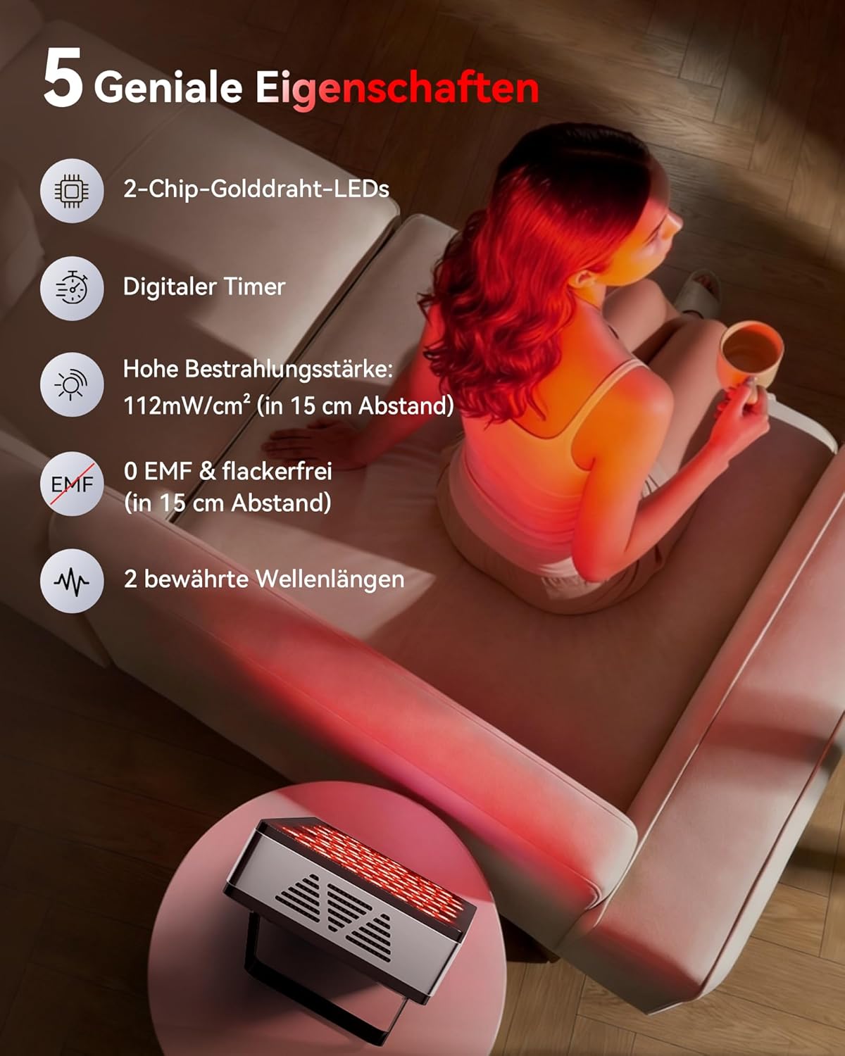 Rotlichttherapie-Panel-Lampe, 60 LEDs, rotes Licht zur gezielten Behandlung von tiefem und oberflächlichem Gewebe, Infrarotlampe, geeignet für Familie, Sport und als Geschenk (BASIC 60) – Bild 2