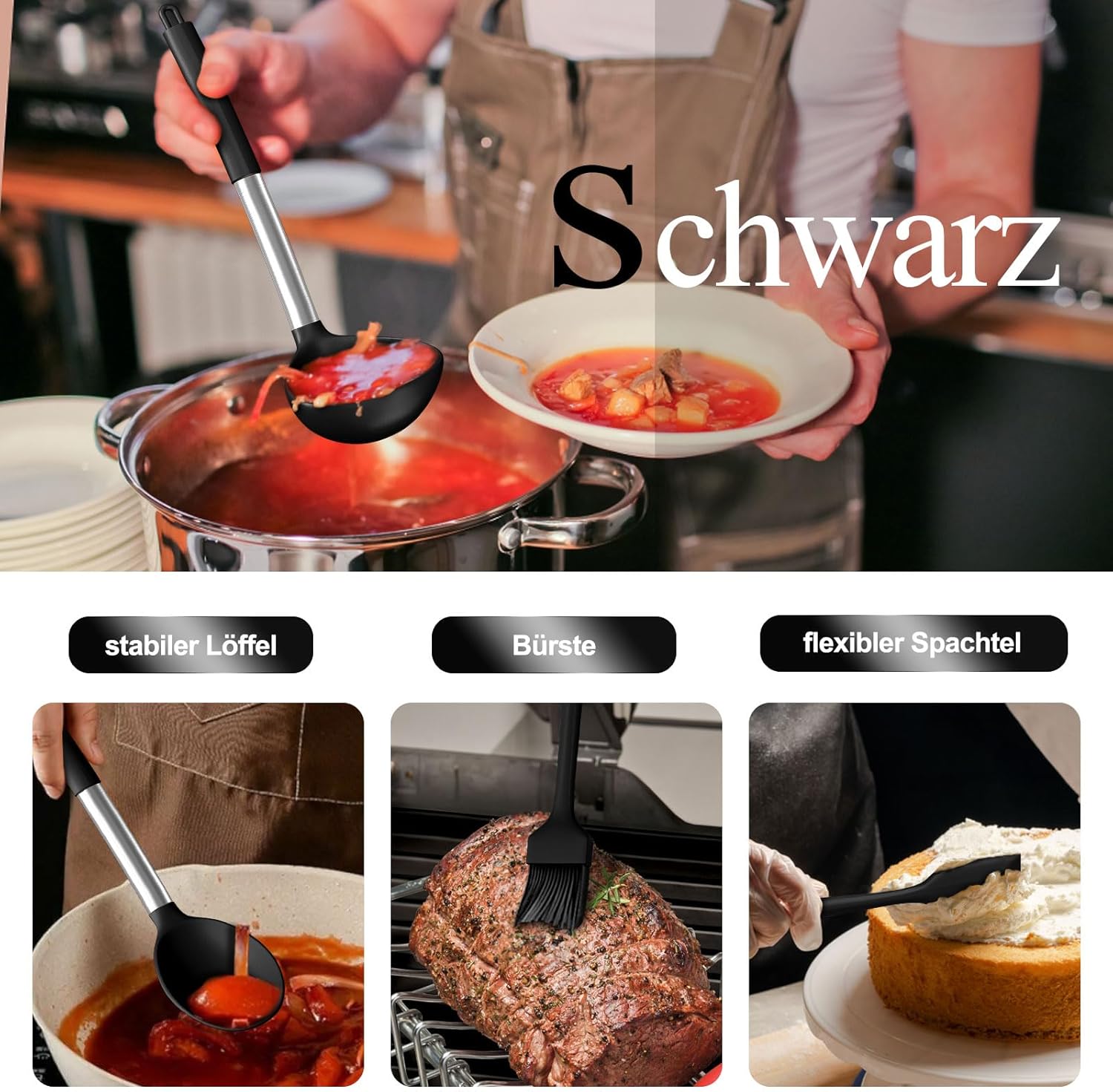 Küchenutensilien-Set, 26-teilig, Silikon-Kochutensilien, Kochbesteck-Set, hitzebeständiges Kochgeschirr mit Utensilienhalter, Antihaft-Kochset, Küchenutensilien mit Edelstahlgriff, spülmaschinenfest – Bild 4