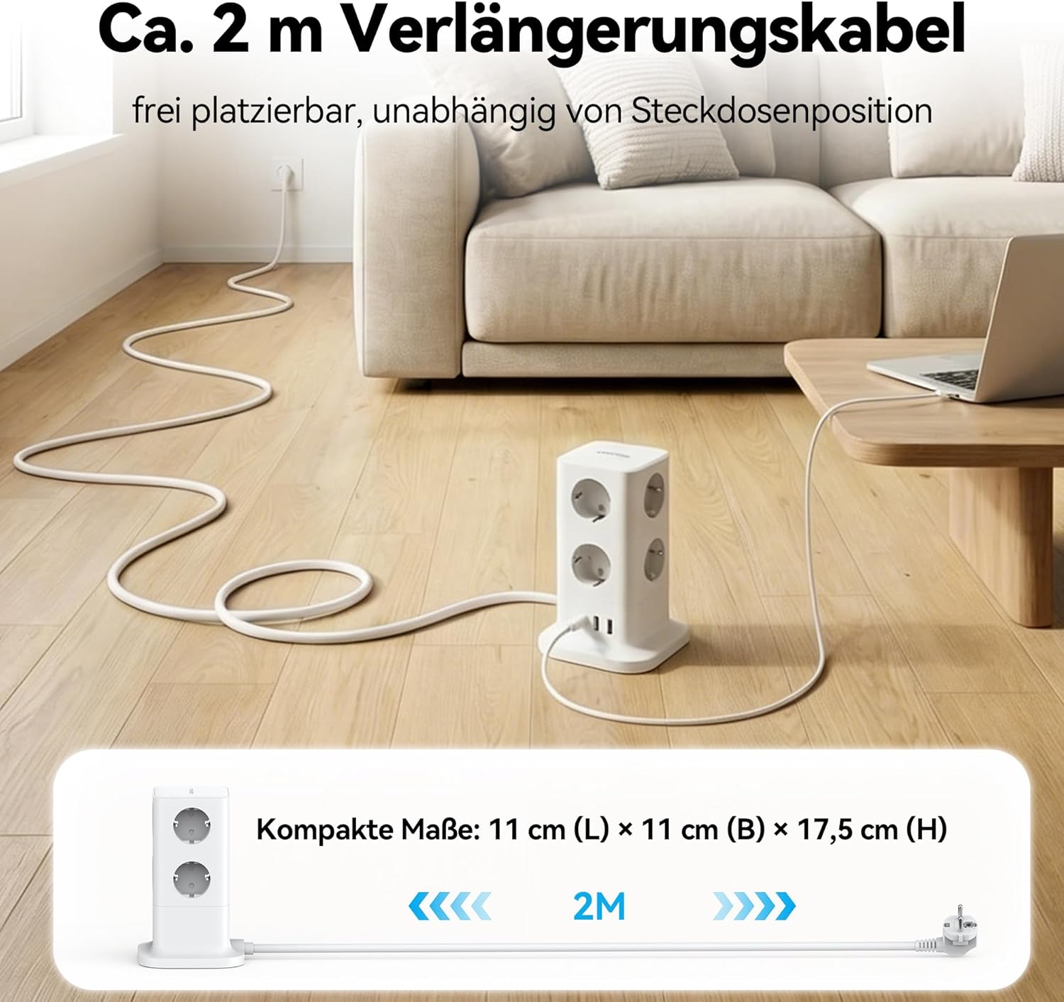 Steckdosenturm mit USB C, 11 in 1 Steckdosenleiste mit 30 W Schnelllade-Überspannungsschutz, 3680 W Mehrfachsteckdose Power Cube mit Schalter und 2 m Verlängerungskabel für Zuhause/Büro/Reisen – Bild 4
