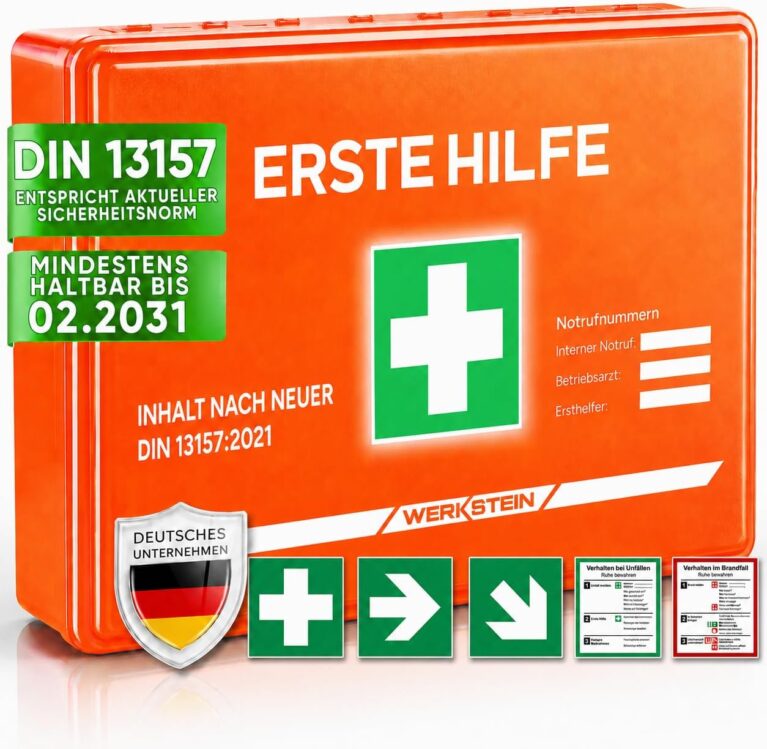 WERKSTEIN Erste-Hilfe-Set mit Wandhalterung (DIN 13157:2021) – Erste-Hilfe-Kasten für Gewerbe, Büro & Zuhause – Erste-Hilfe-Koffer – Verbandmaterial – Notfallbox – Erste-Hilfe-Tasche