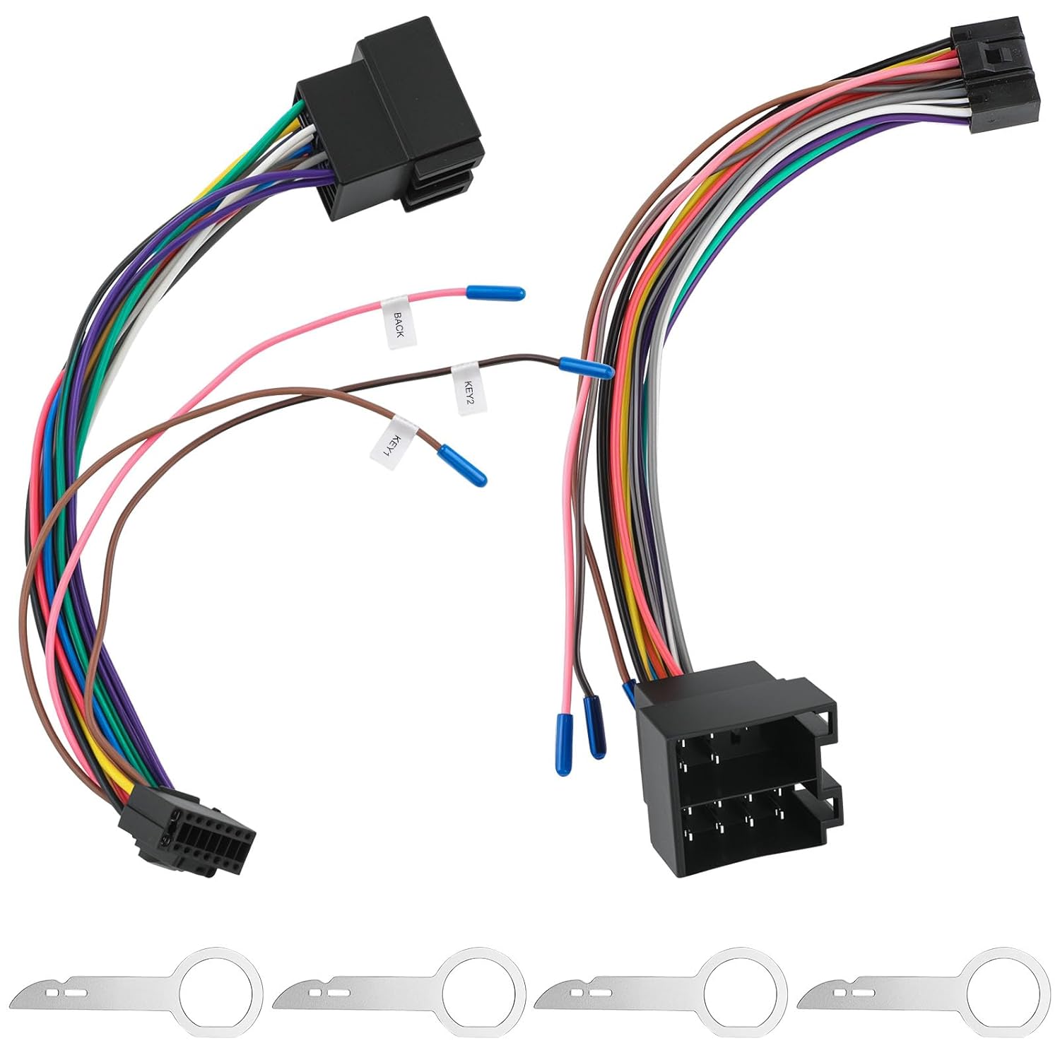2 Stück 16-poliger ISO-Adapter-Kabelbaum für Android-Autoradio. Autoradio-Anschluss mit Lenkrad-Steuerkabeln und Rückwärtssteuerkabel. 16-poliger Autoradio-Standard-ISO-Stecker