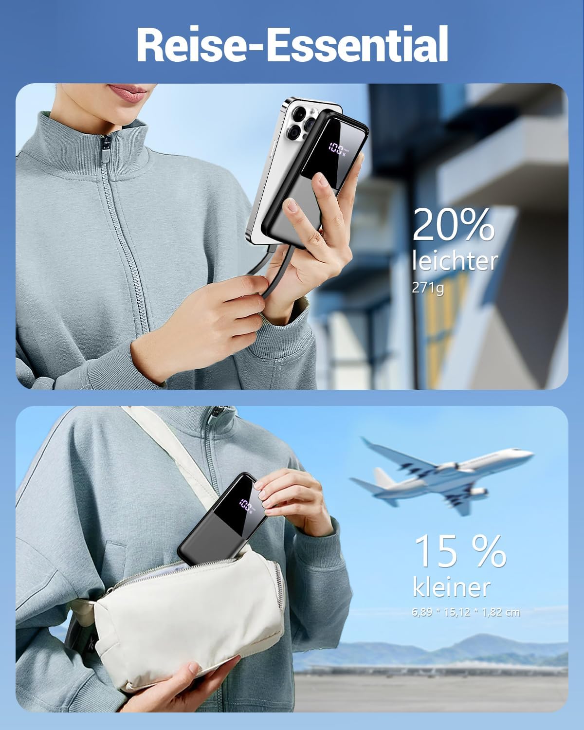 Powerbank 26800 mAh, tragbares Ladegerät mit 3 Anschlüssen und 2 integrierten Kabeln, USB C Schnelllade-Powerbank, externer Akku kompatibel mit iPhone 17 16 15 14 13 Android, Mattschwarz – Bild 5