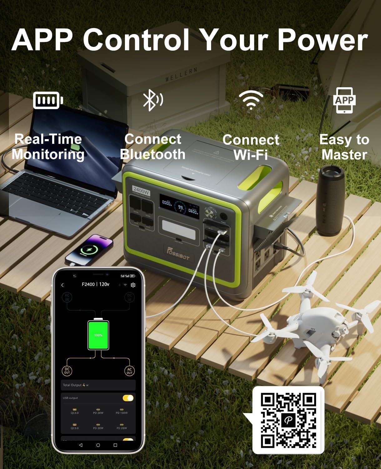 FOSSiBOT F2400 Kraftwerk mit 200 W Solarpanel, Solargenerator 2048 Wh LiFePO4-Batterie 230 V 2400 W 3 AC-Ausgänge (4800 W Spitze), mobiler Stromgenerator für Camping/Reisen/Zuhause/Notfall usw – Bild 3