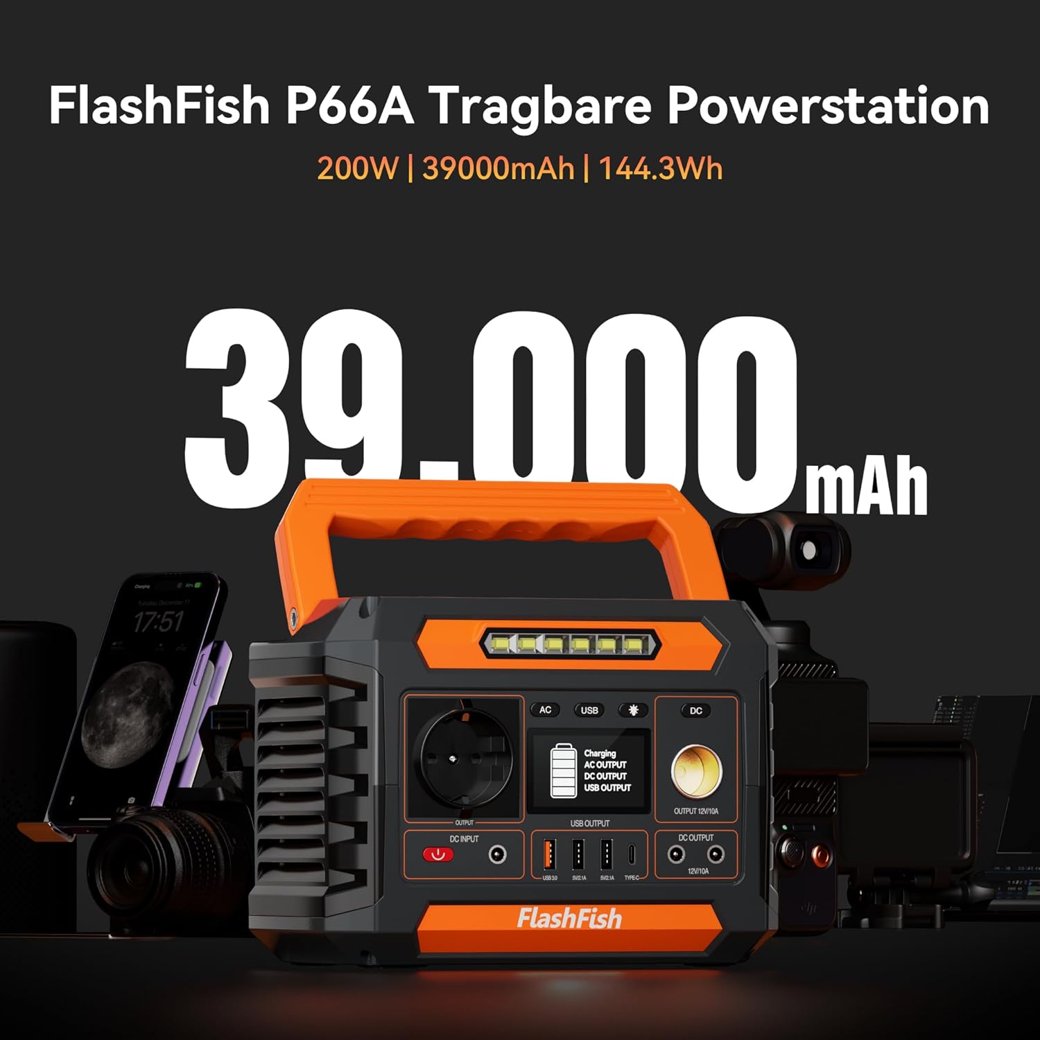FlashFish 144,3 Wh tragbares Kraftwerk mit Solarpanel 60 W, 200 W Solargenerator mit 230 V AC/DC/USB/Typ C/LED-Leuchten, Stromgenerator-Akku für Camping, Reisen, Unterwegs, Notstrom – Bild 2