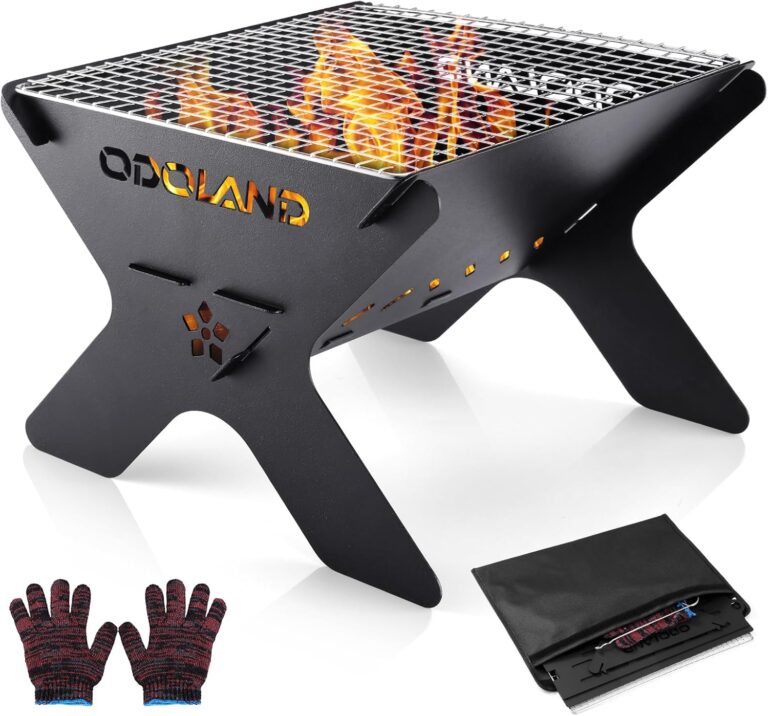 Odoland Camping-Feuerstelle, tragbare Feuerstelle für Camping, 2-in-1-Holzfeuergrill mit abnehmbarer Kochplatte für Grillen im Freien mit Tragetasche