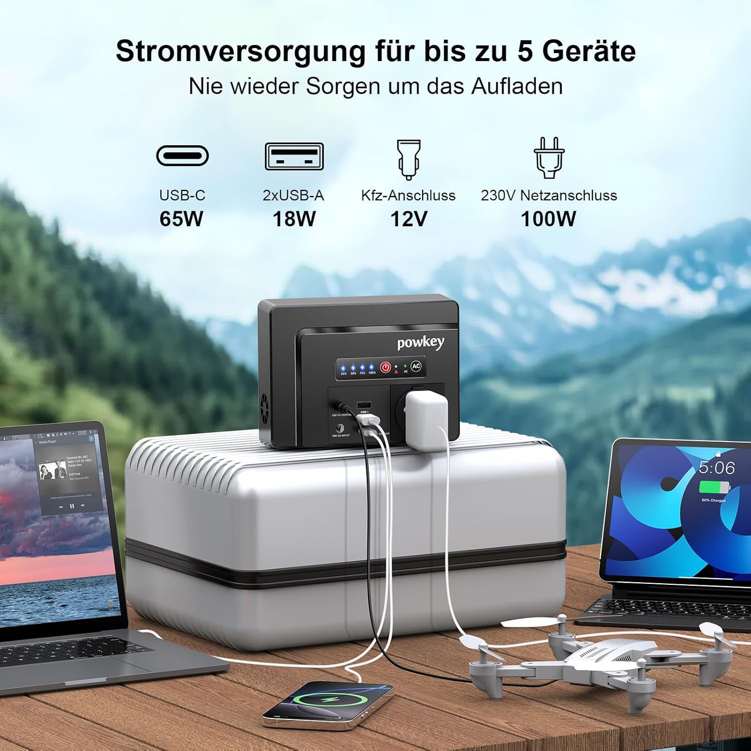 Powkey Tragbare Power Station 26400 mAh/97,68 Wh Power Bank Steckdose mit 100 W/230 V AC Ausgang, 12 V 8 A DC, PD 65 W USB C Externer Akku Power Station Camping Tablet Handy – Bild 3