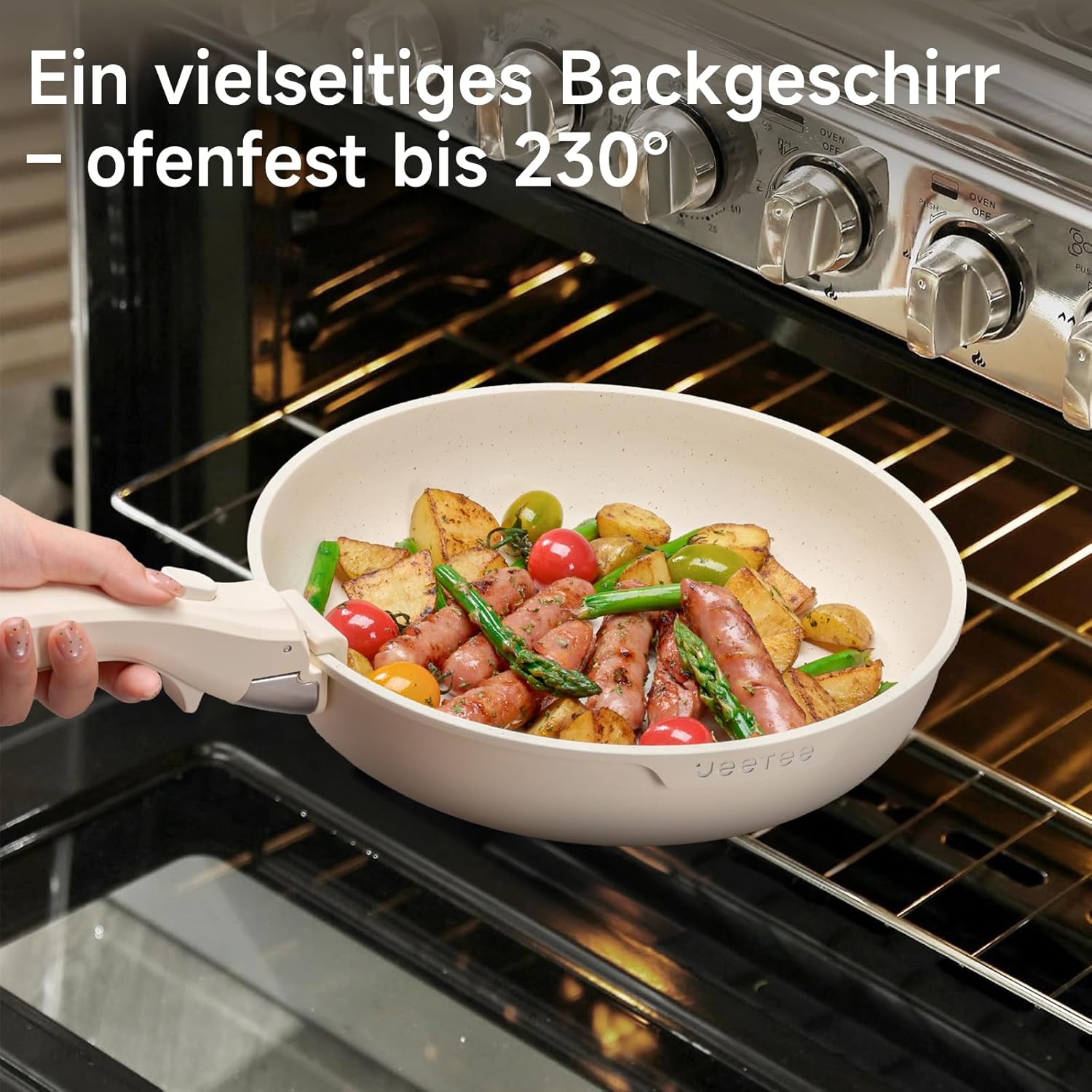 JEETEE Topf- und Pfannensets mit abnehmbarem Griff, 17-teiliges Antihaft-Pfannenset, Induktionstopfset, Kochtopfset mit Deckel und Messer, kompatibel mit allen Herden, PFOS/PFOA-frei, Beige – Bild 3