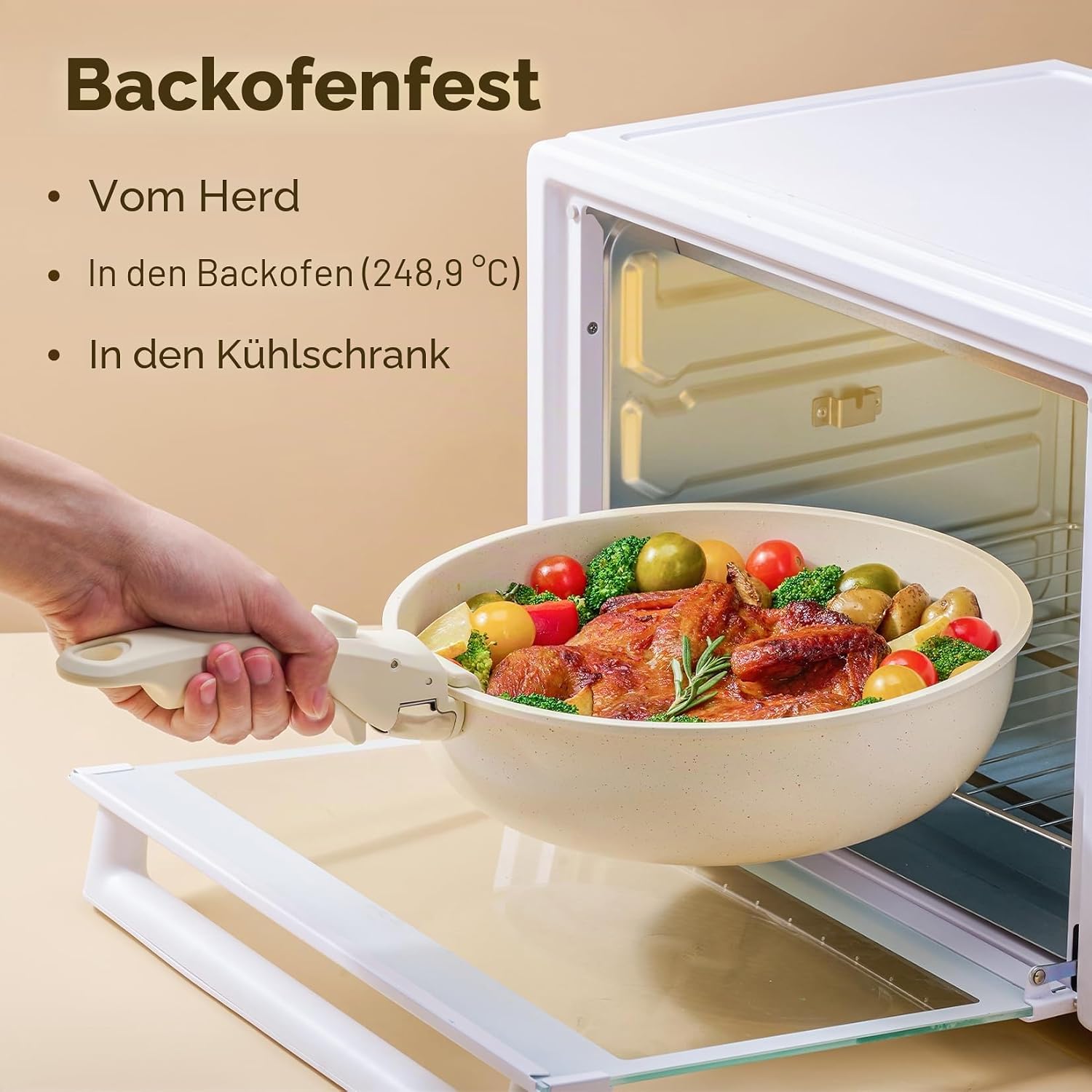 JEETEE Pfannenset 6-teilig mit abnehmbaren Griffen und Deckel, Antihaft-Kochgeschirrset, Pfanne 20/24/28 cm, stapelbares Topfset für alle Herdarten, ofenfest, Beige – Bild 6