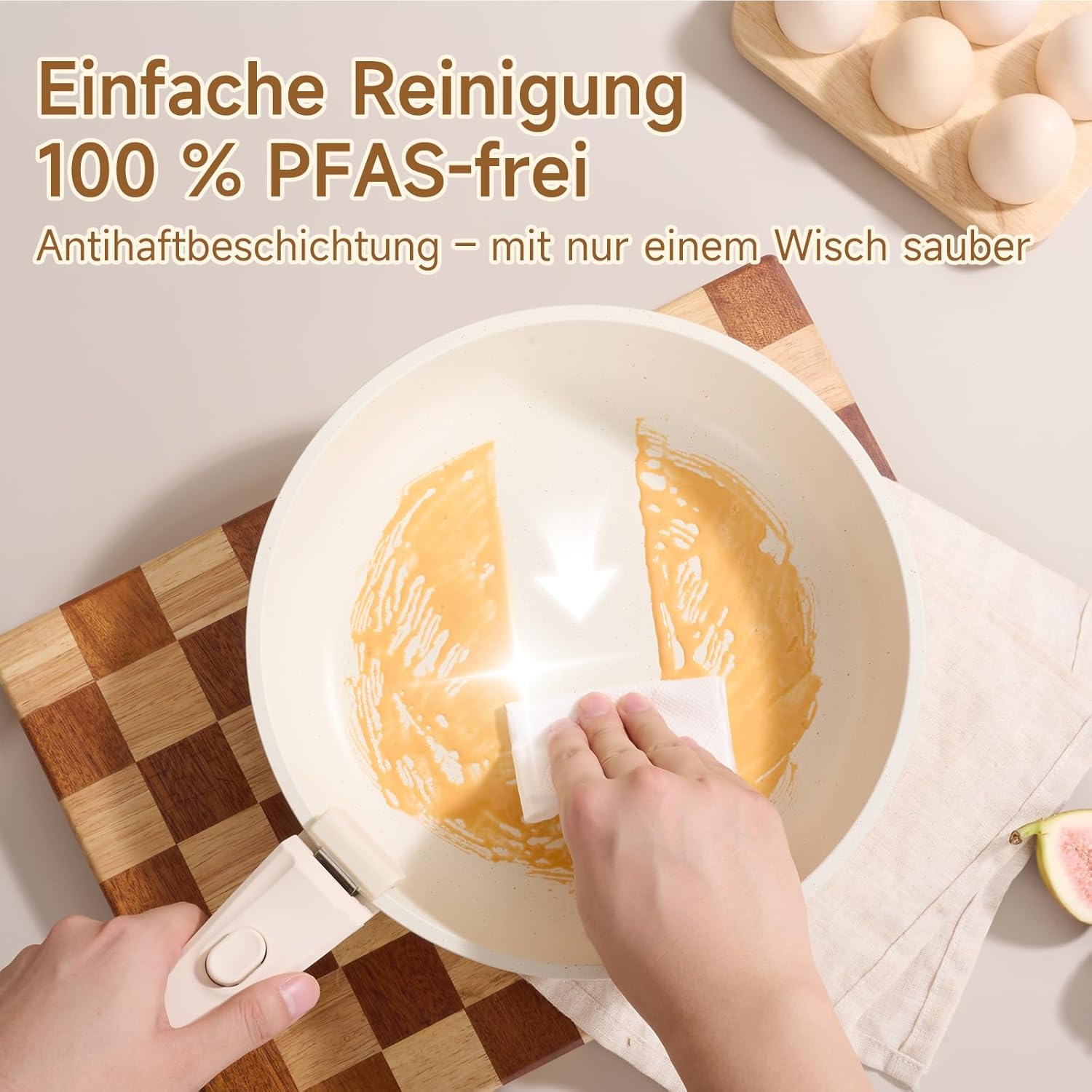 JEETEE Topf- und Pfannensets mit abnehmbarem Griff, 17-teiliges Antihaft-Pfannenset, Induktionstopfset, Kochtopfset mit Deckel und Messer, kompatibel mit allen Herden, PFOS/PFOA-frei, Beige – Bild 4
