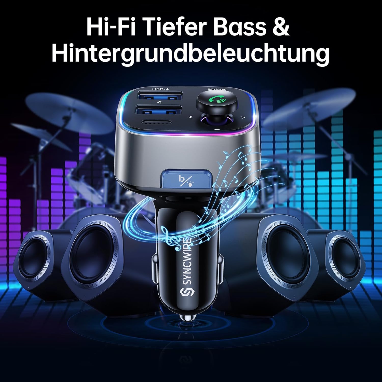 SYNCWIRE Bluetooth 5.3 FM-Transmitter-Autoladegerät 48 W (PD 36 W und 12 W), Ladegerät mit zwei USB-Anschlüssen, Autoadapter, kabelloses Radio-LED-Display, unterstützt 64-GB-USB-Laufwerk, Lichtschalter, Grau – Bild 5