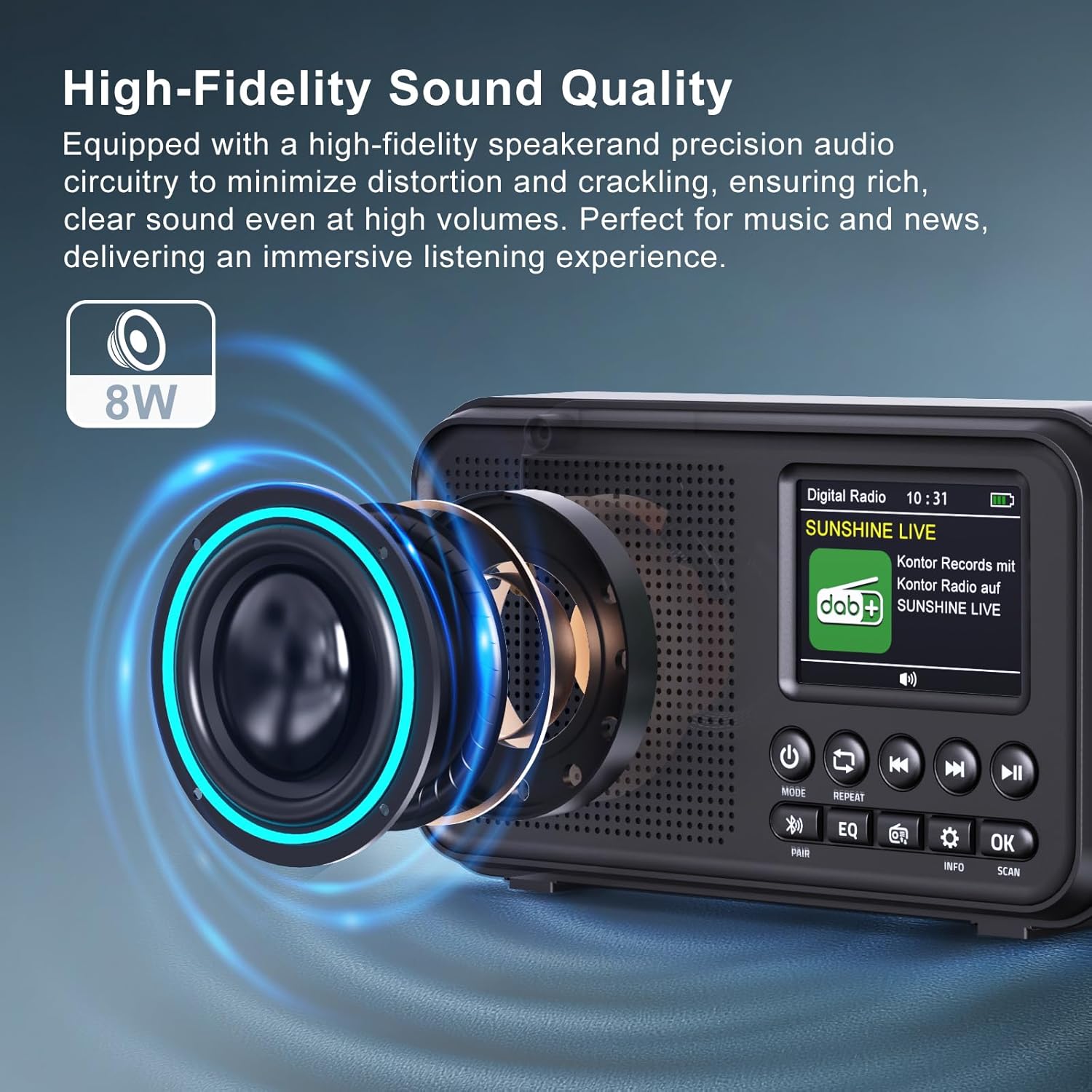 Tragbares DAB/DAB+-Radio, UKW-Digitalradio mit 3000-mAh-Akku, wiederaufladbares UKW-Radio mit Bluetooth 5.0, EQ-Modi, 80 Speicherplätze, 2,4-Zoll-Farbdisplay, Sleep-Timer, 3,5-mm-AUX-Anschluss – Bild 5