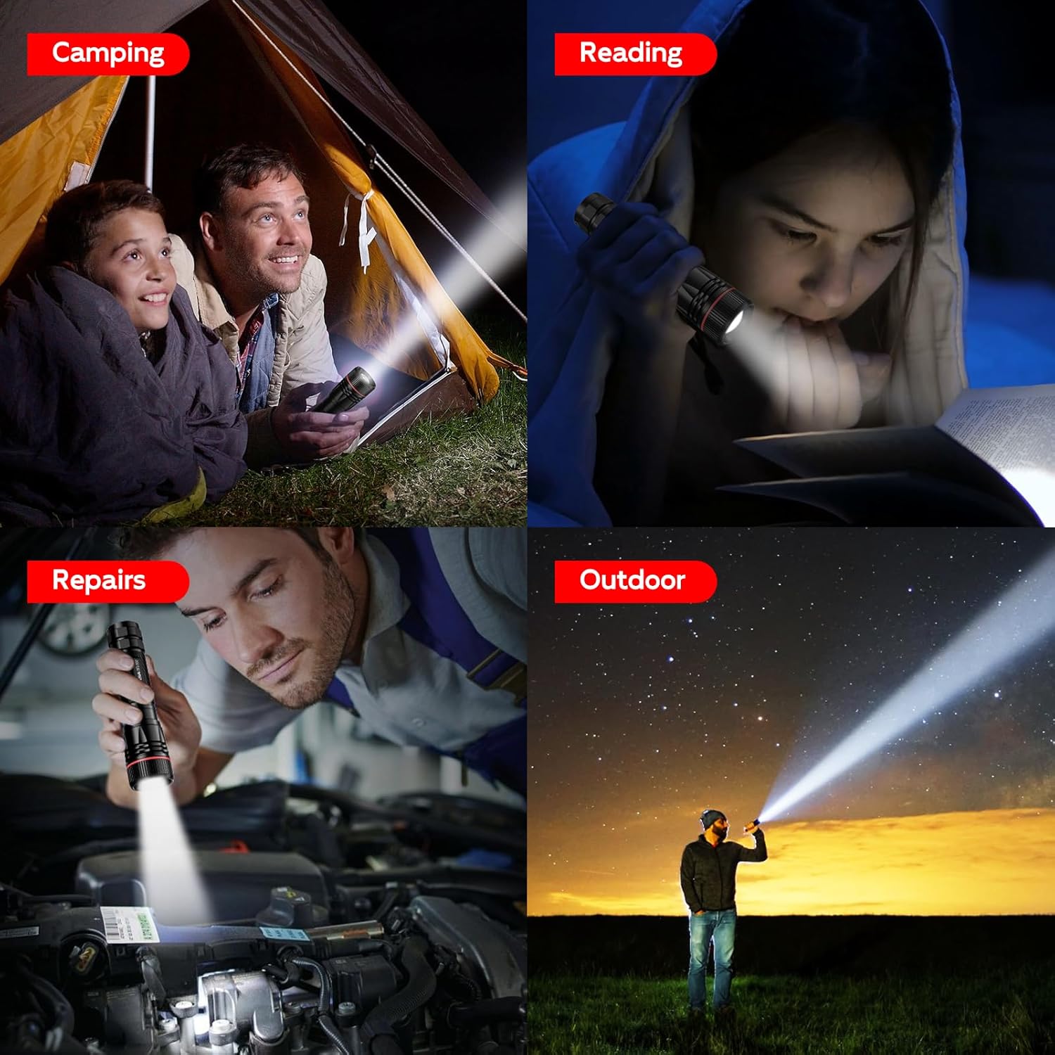 BUCASA Taschenlampe LED wiederaufladbar, 2000 Lumen, extrem helle LED-Taschenlampe mit 3 Modi, 2 Stück, zoombare Taschenlampen, Kinder, wasserdicht, lange Laufzeit, Taschenlampe für Camping, Outdoor, Wandern, Notfall – Bild 7