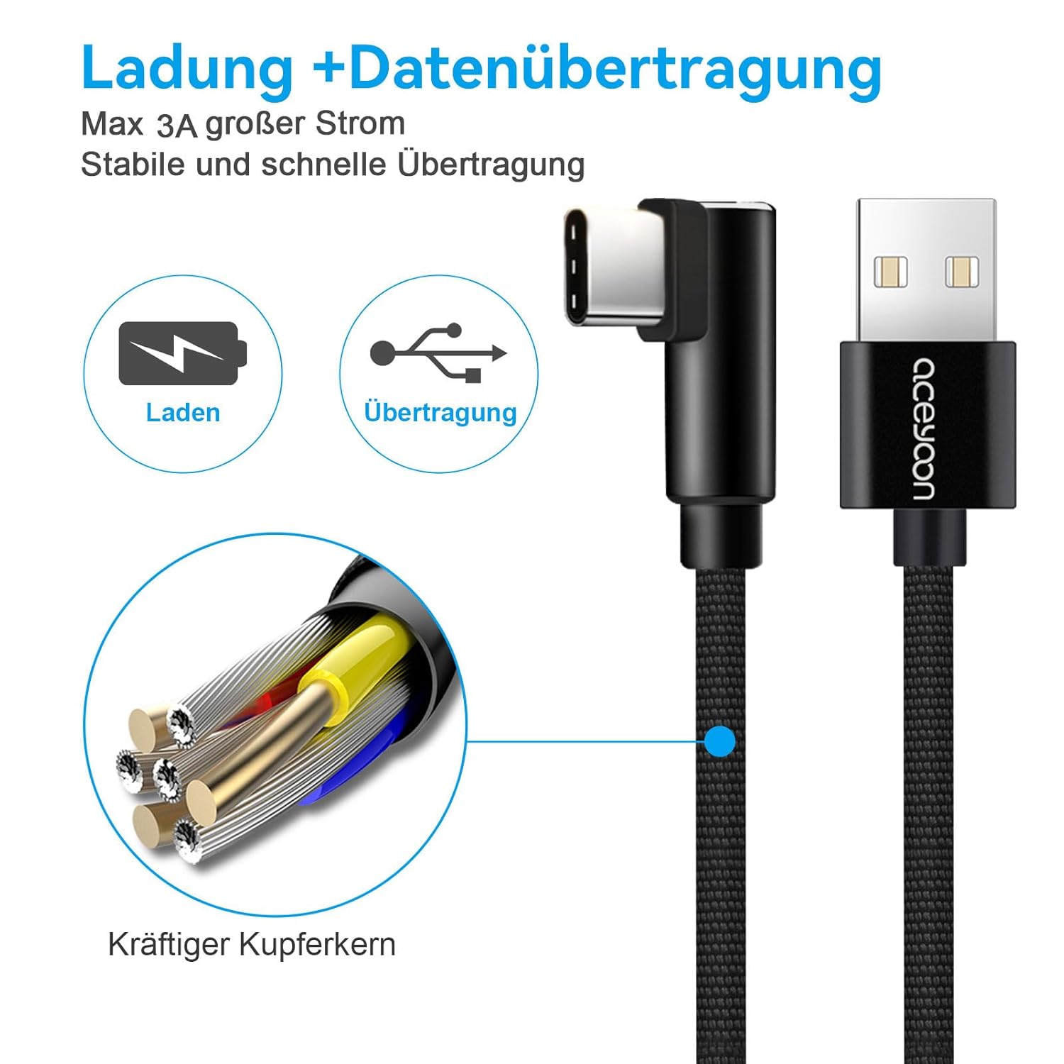 aceyoon USB auf USB C Kabel Kurz 20 cm, 3 Stück 3A USB C Kabel 90 Grad Nylon Typ C Ladekabel Winkel Schnellladekabel USB C für iPhone 17 16 15 Serie, für Galaxy S24 S23, für Huawei P40 P30 – Bild 4