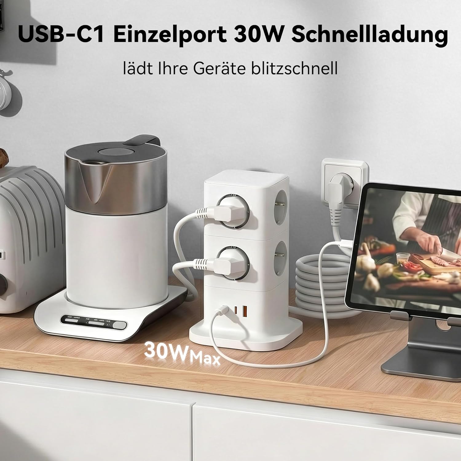 Steckdosenturm mit USB C, 11 in 1 Steckdosenleiste mit 30 W Schnelllade-Überspannungsschutz, 3680 W Mehrfachsteckdose Power Cube mit Schalter und 2 m Verlängerungskabel für Zuhause/Büro/Reisen – Bild 3