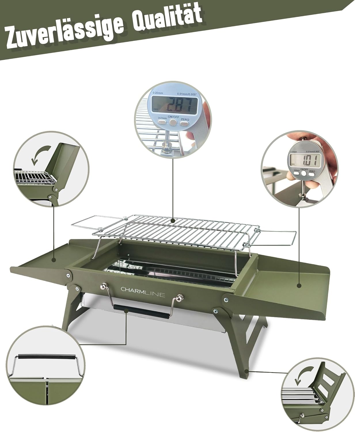 Charmline Tragbarer Holzkohlegrill, klappbarer Campinggrill 35 x 23 cm für 1–3 Personen, Mini-BBQ-Grill für Balkon, Garten, Camping, Picknick und Strand, Grün – Bild 3