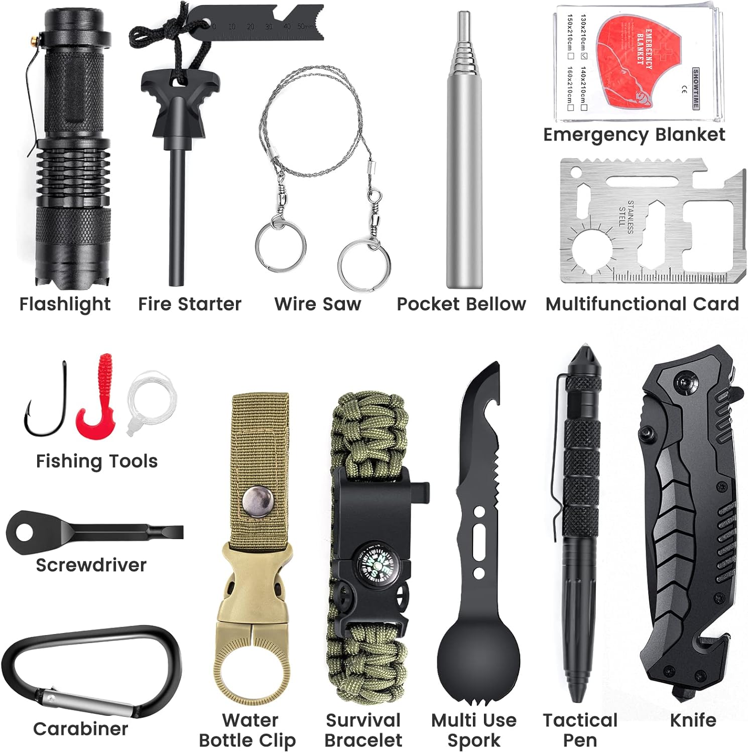 Survival-Kit, Notfall-Überlebensausrüstung mit Camping-Zubehör, Survival-Outdoor-Ausrüstung mit Fackel-Feuerstein für Camping, Abenteuer, Wandern, personalisierte Geschenke für Vater, Männer, Papa – Bild 2