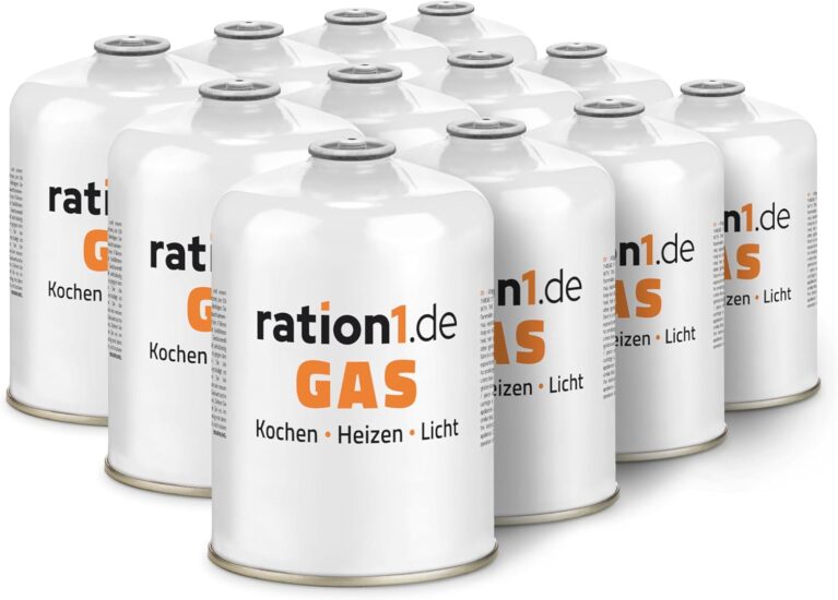ration1 Camping-Gaskartuschen Schraubventil 12 x 450 g, EN 417-Gewinde, Gaskartusche Campingkocher Schraubverschluss, Butan-Propan-Gas, Gaskartusche für Gaskocher, Urlaub, Notfall