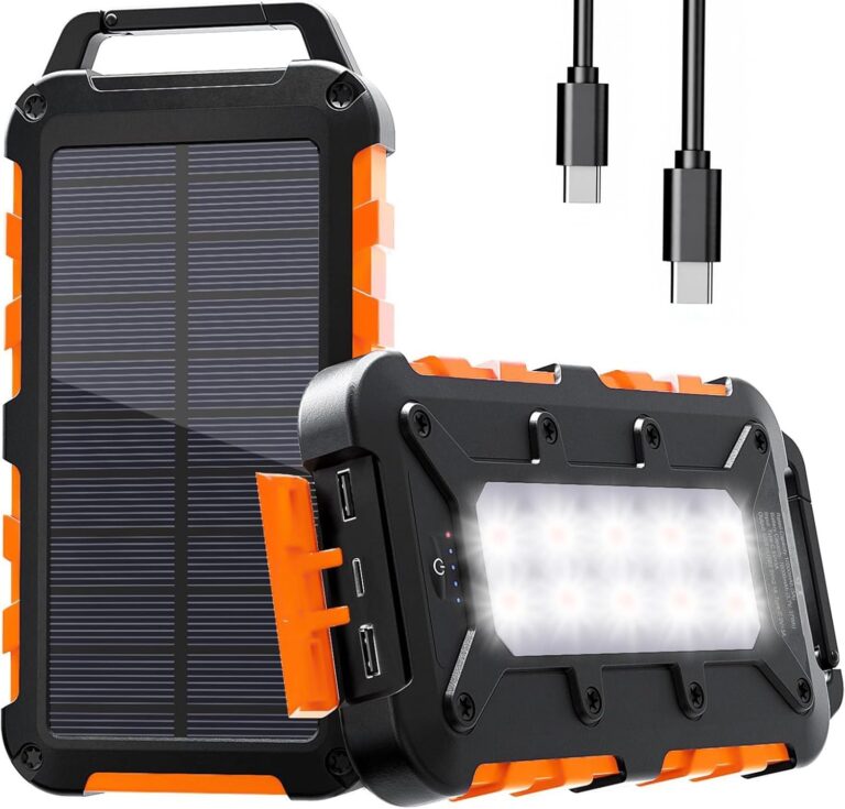 PD22.5W Solar Power Bank 10000 mAh Tragbares Solarladegerät USB C Externer Akku Outdoor Wasserdicht mit LED-Licht und 3 Ausgängen für Smartphones Tablets Camping