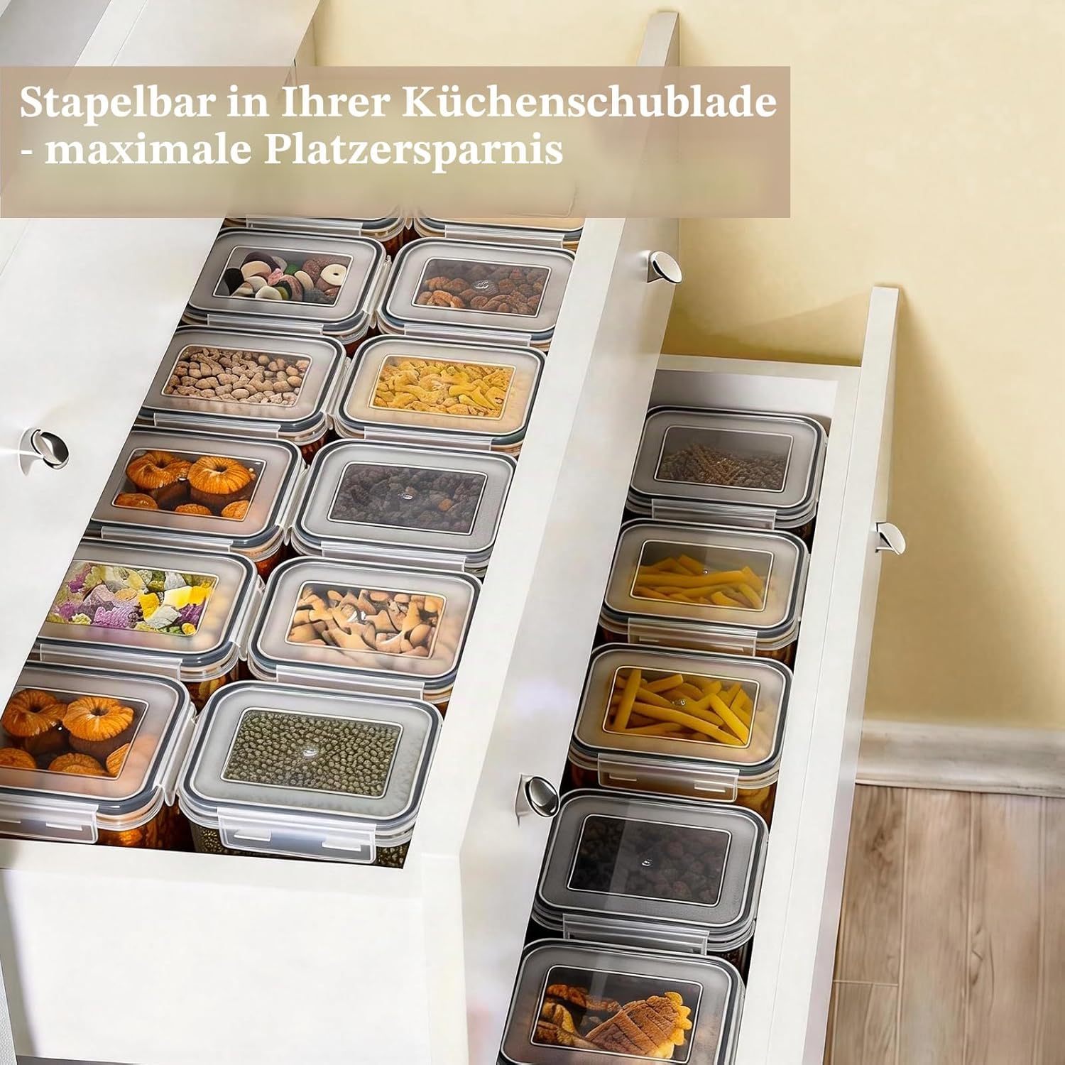 GoMaihe Set mit 16 Vorratsgläsern, Küchen-Organizer, Vorratsgläser mit Deckel, luftdichter Kunststoff, Aufbewahrungsbehälter für Müsli, Mehl, Cornflakes, alle trockenen Lebensmittel – Bild 5