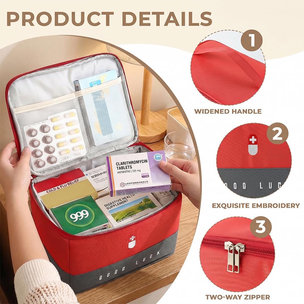 Reiseapotheke Tasche 10L,Medikamententasche XL,Erste Hilfe Tasche Leer mit Griff, Wasserdichtm, für Zuhause, Schule, Auto, Reisen, Camping, Wandern (Rot) – Bild 5