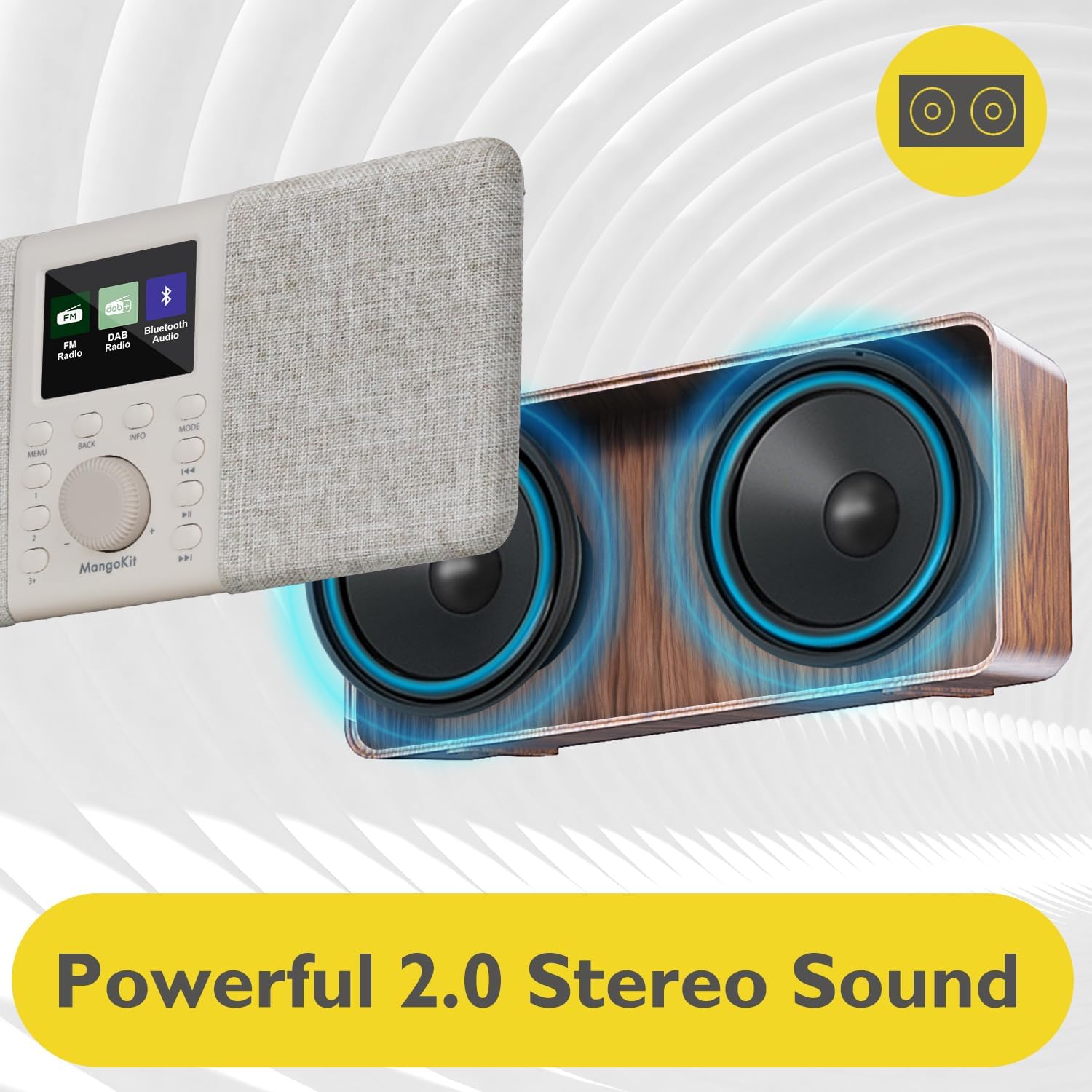 MD5 Stereo-DAB-Radio mit Bluetooth 5.3 und 2,4-Zoll-Farbdisplay, tragbares UKW-Digitalradio, 2.0-Stereo-Sound, 40 Speicherplätze, Alarme, Schlummer- und Schlaffunktion, USB-C-Netz- oder Batteriebetrieb (Walnuss) – Bild 4