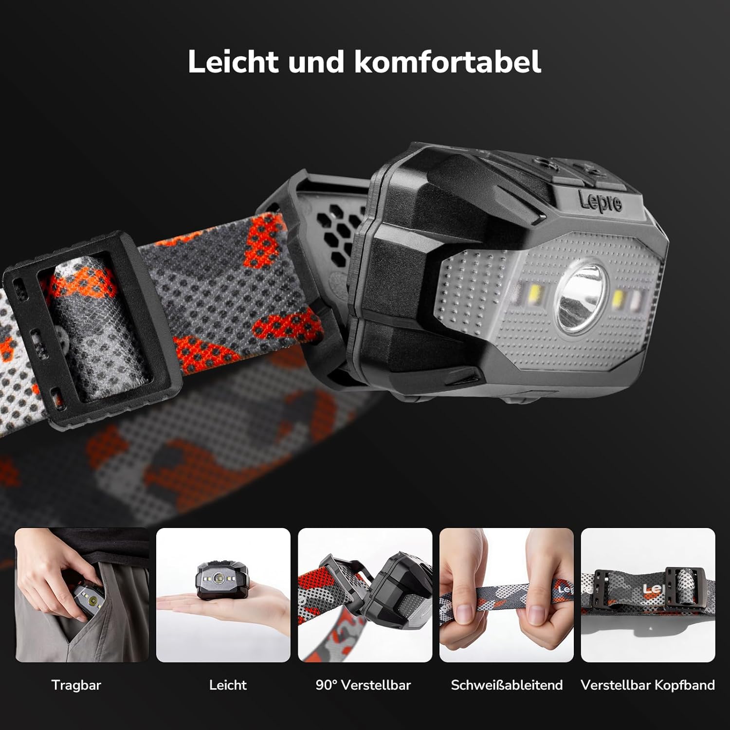 Lepro 3W LED wiederaufladbare Stirnlampe, doppelte Stromversorgung, Stirnlampe mit USB-C und 3 AAA (nicht im Lieferumfang enthalten), 10 Modi & rotes Licht, IPX4 wasserdicht, leichte Stirnlampen, ideal zum Joggen und Camping – Bild 5