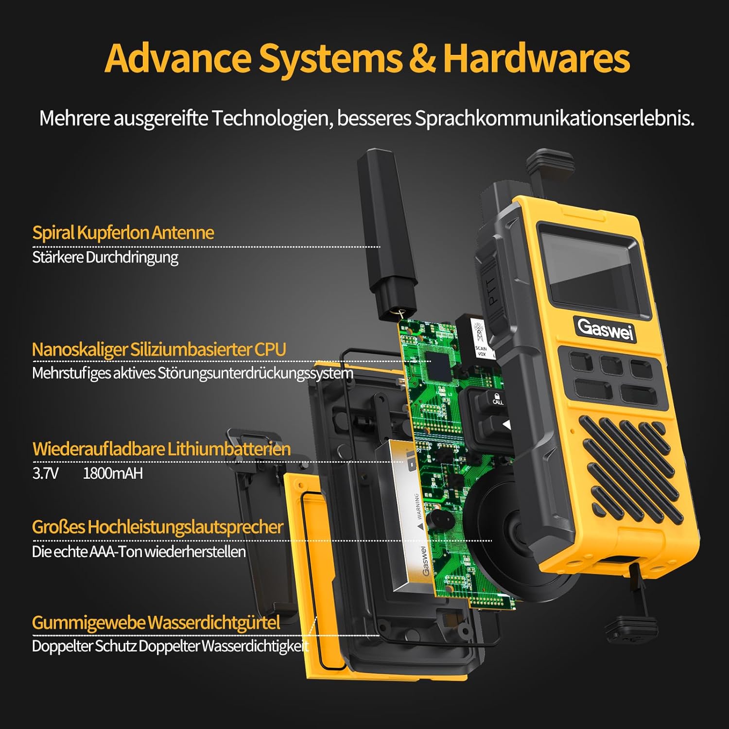 Gaswei G1pro Hochleistungs-Langstrecken-Walkie-Talkies für Erwachsene, wiederaufladbare Notfallfunkgeräte, 16-Kanal-Walkie-Talkie mit Lithium-Ionen-Akku, IP67 wasserdicht (4 Stück) – Bild 7