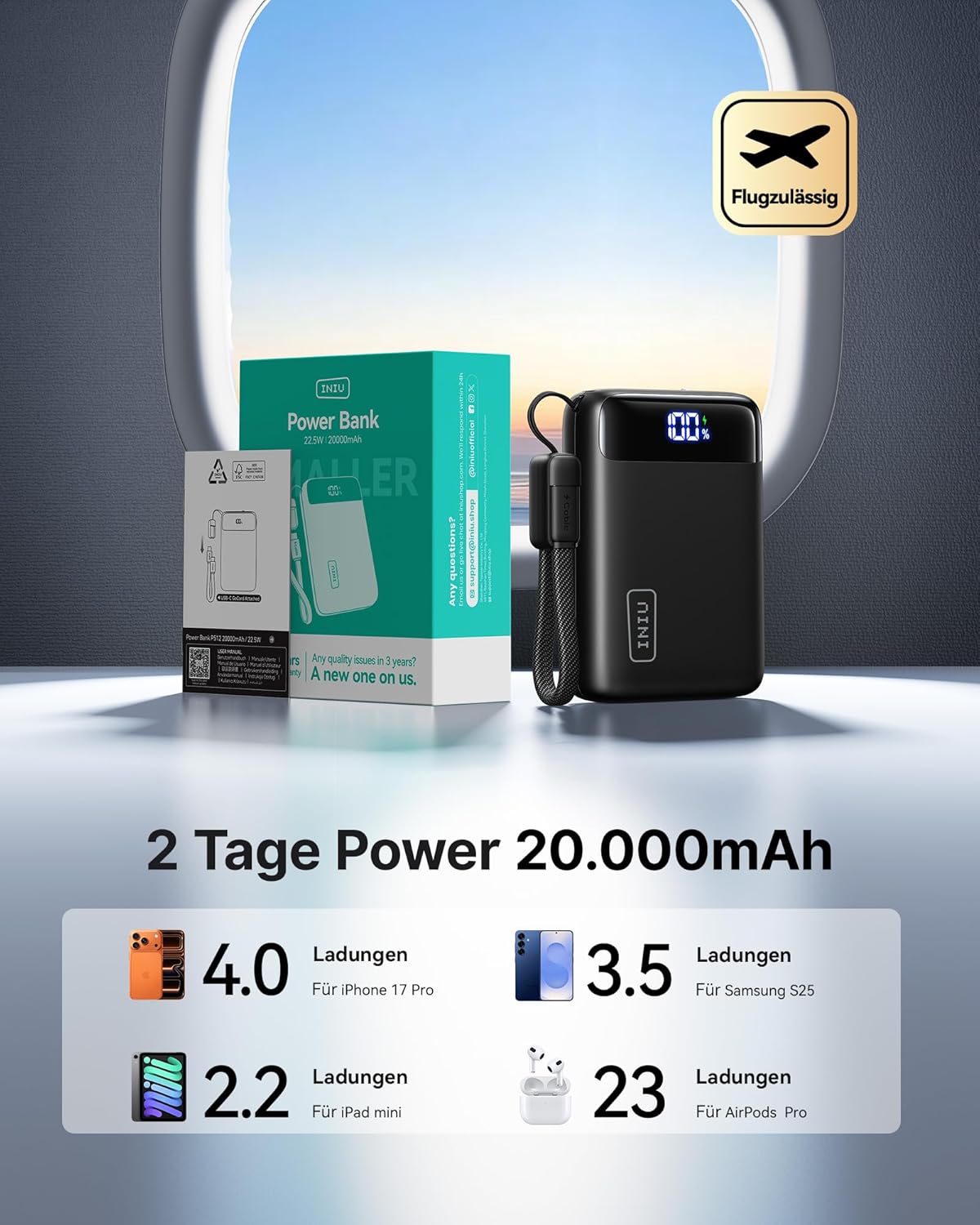 INIU Power Bank, ultrakleine 20000 mAh 22,5 W Schnelllade-Powerbank, USB-C Ein- und Ausgang, externe Handy-Akkus, kleiner, aber starker Akku zum Aufladen von Telefonen, iPad, Reisen und Camping – Bild 4