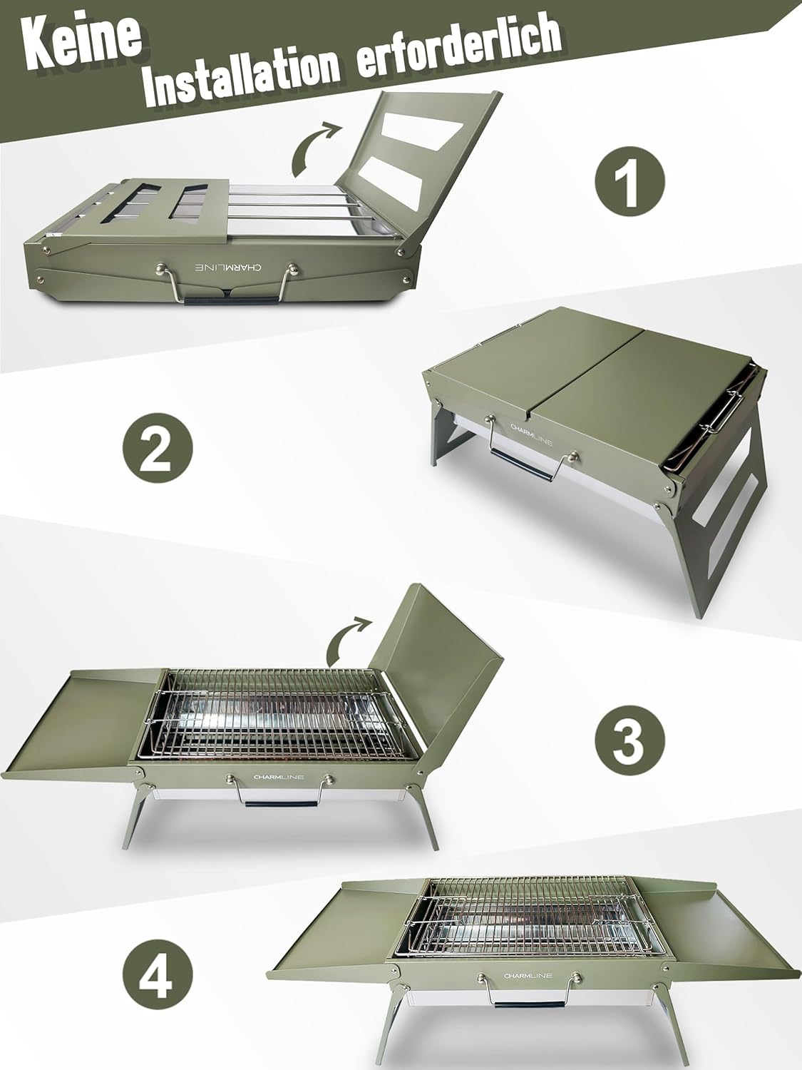 Charmline Tragbarer Holzkohlegrill, klappbarer Campinggrill 51 x 35 cm für 3–5 Personen, Picknickgrill, BBQ-Grill für Balkon, Garten, Camping, Picknick und Strand, grün – Bild 2